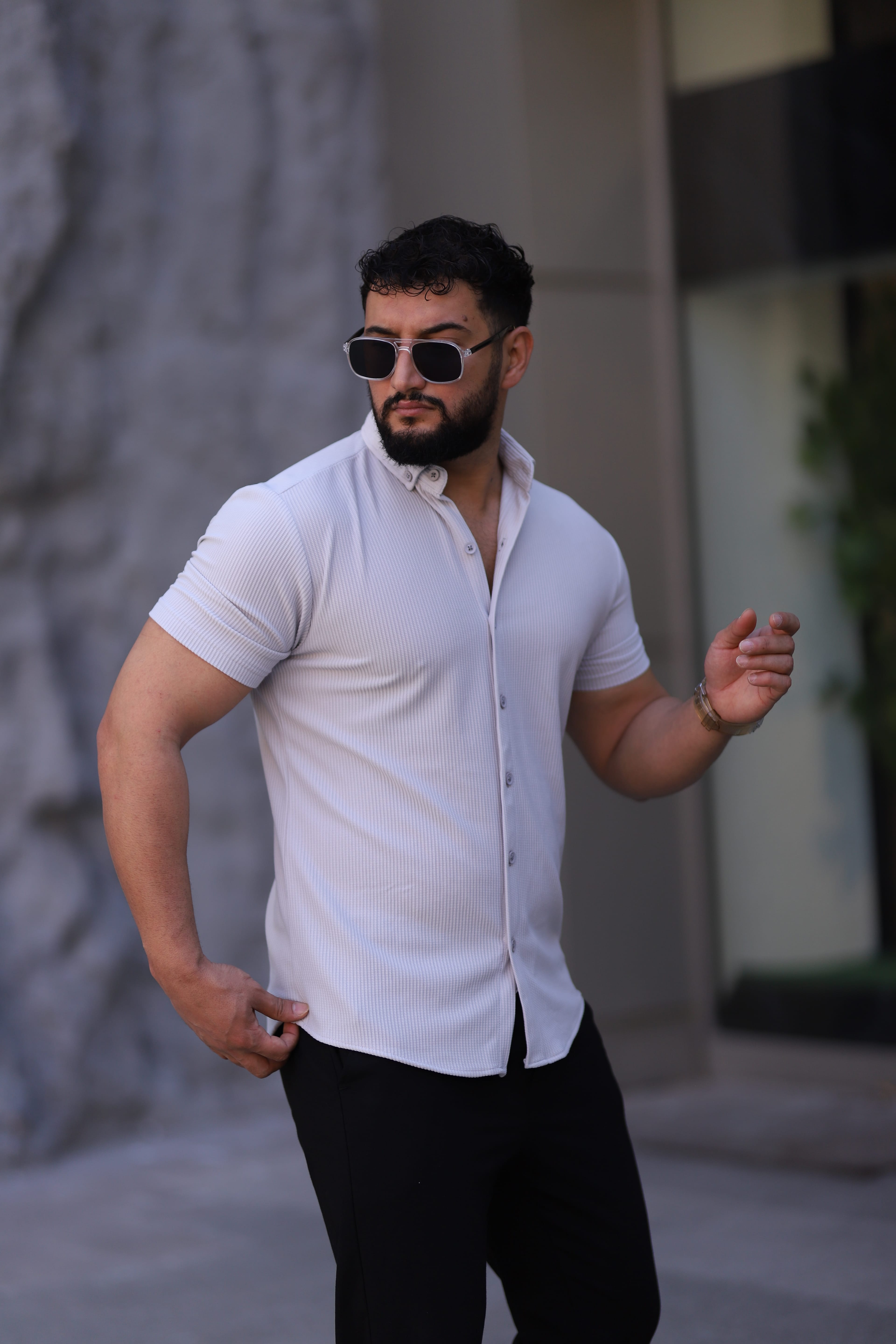 Ottoman Düğmeli Yaka Kısa Kollu Fit Gömlek