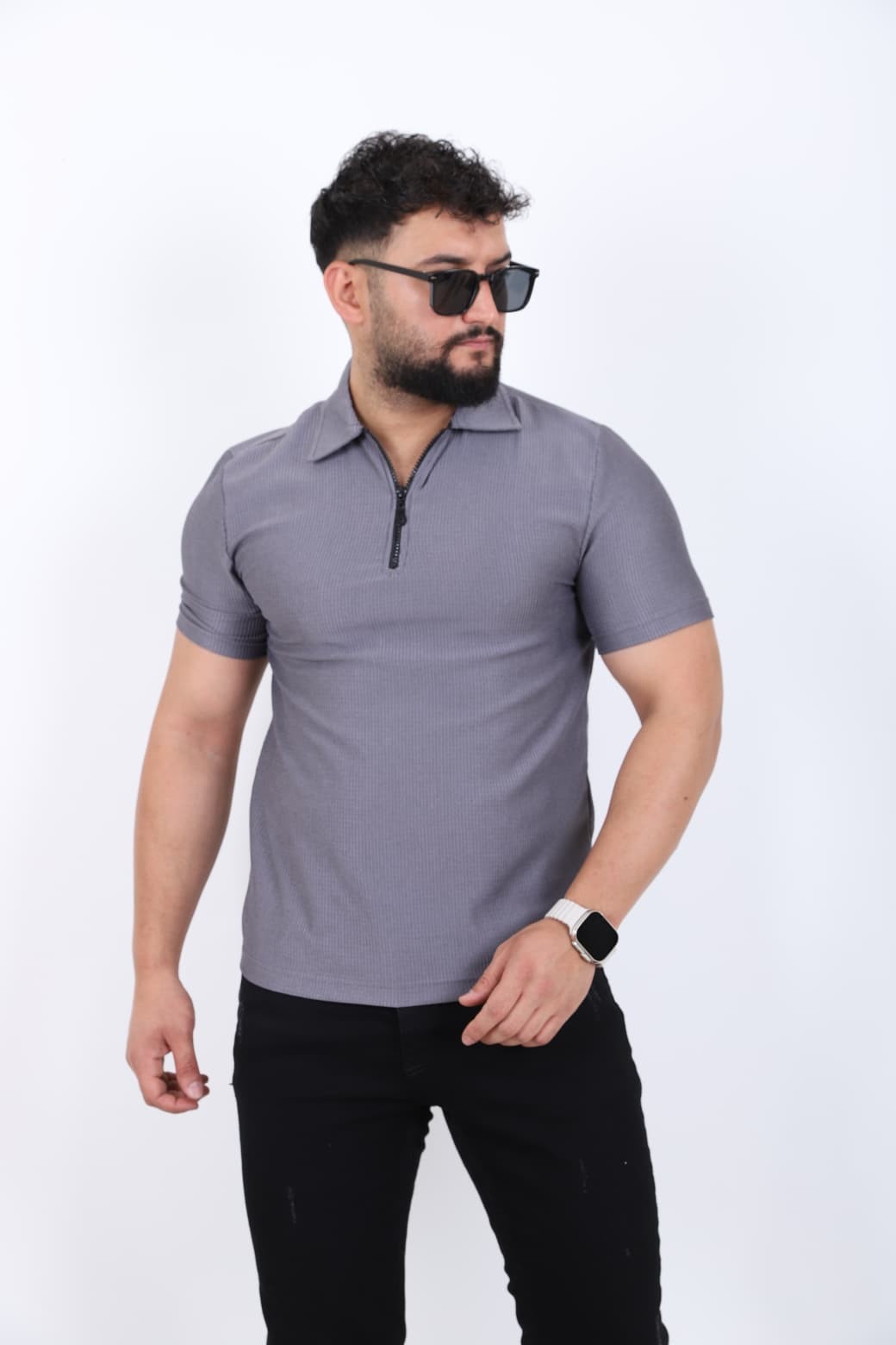 Fermuar Detaylı Polo Yaka T-shirt - Gri