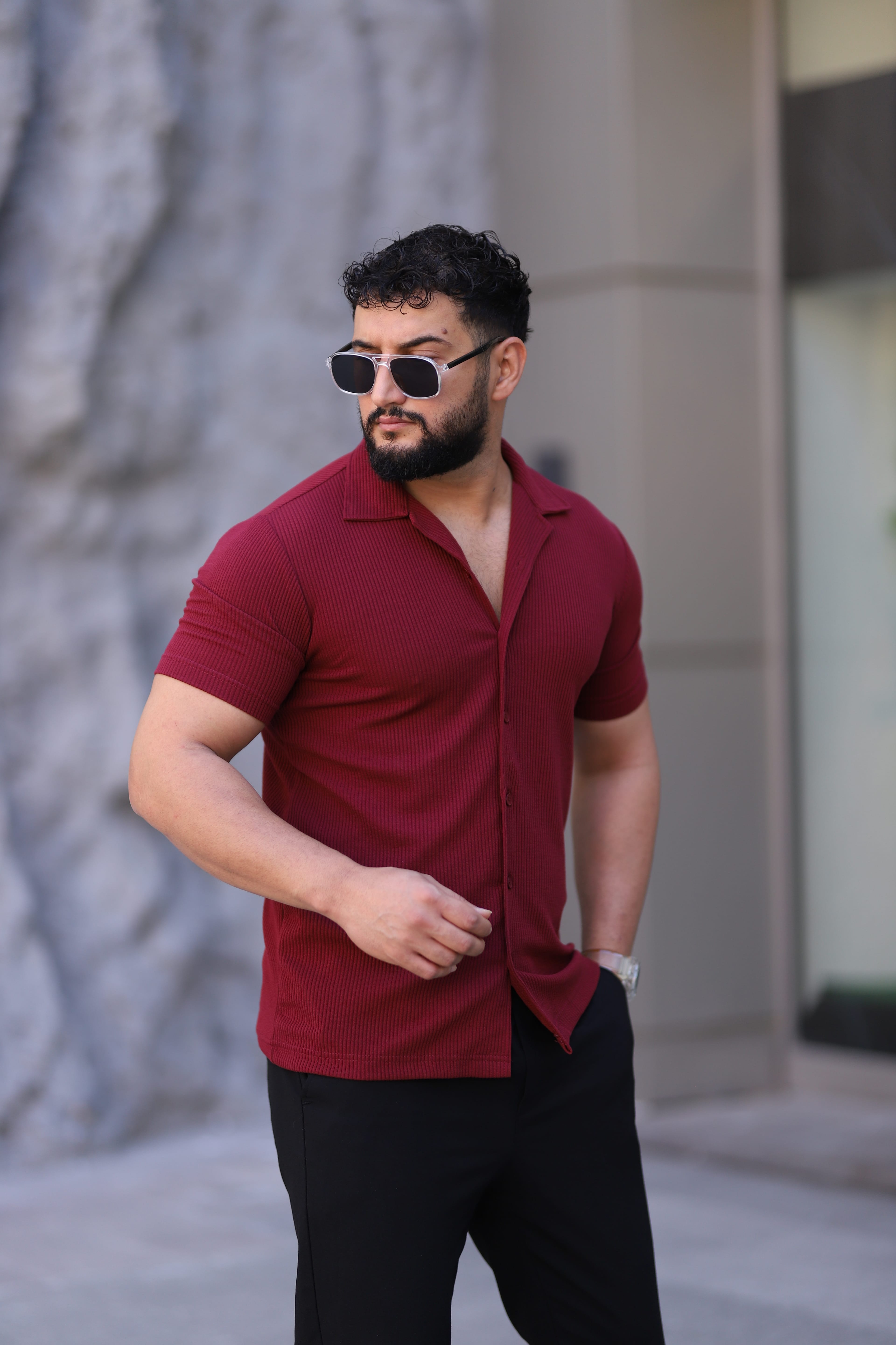 Erkek Fitilli Örme Apaç Yaka Kısa Kol Slim Fit Gömlek