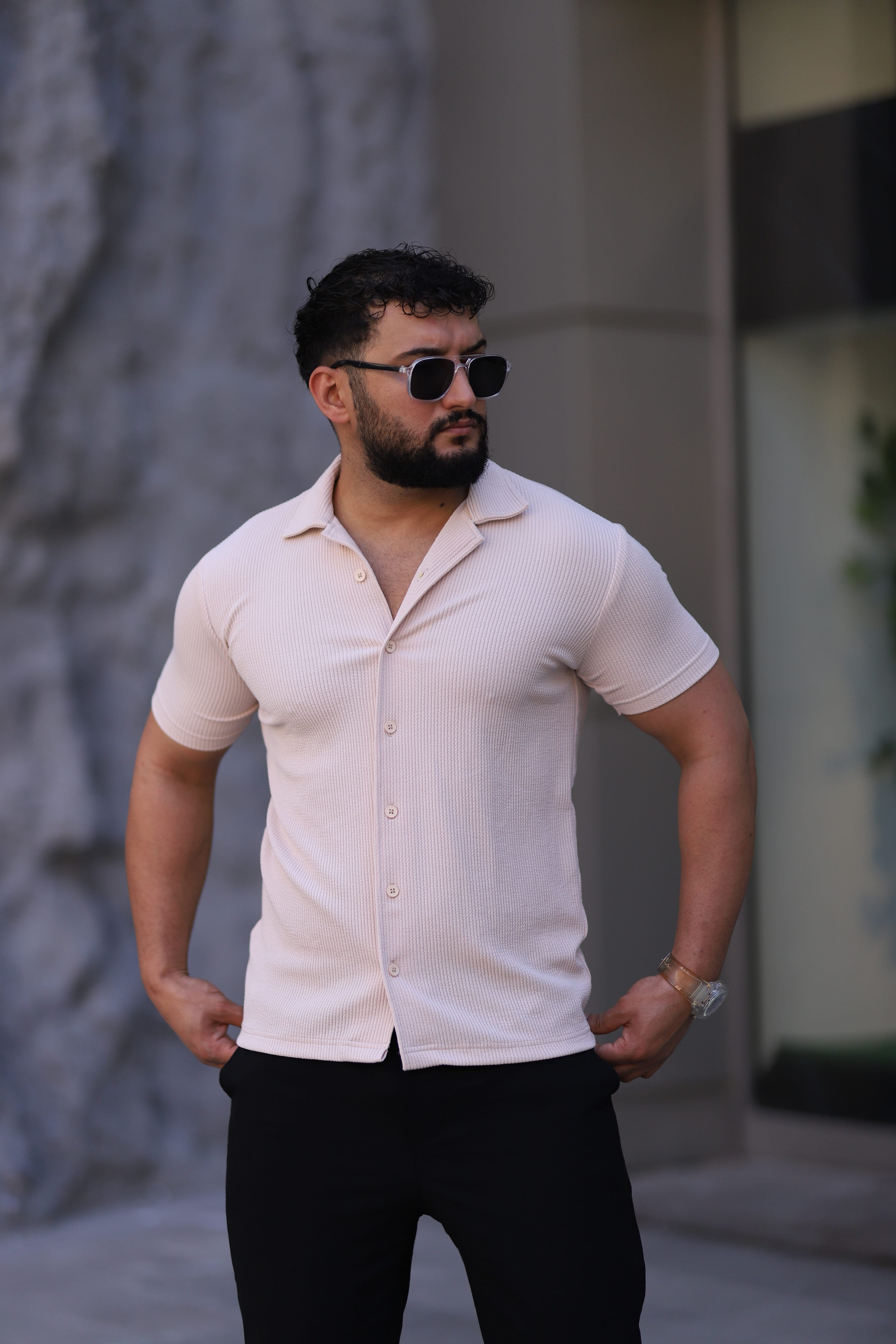 Erkek Fitilli Örme Apaç Yaka Kısa Kol Slim Fit Gömlek - Pudra
