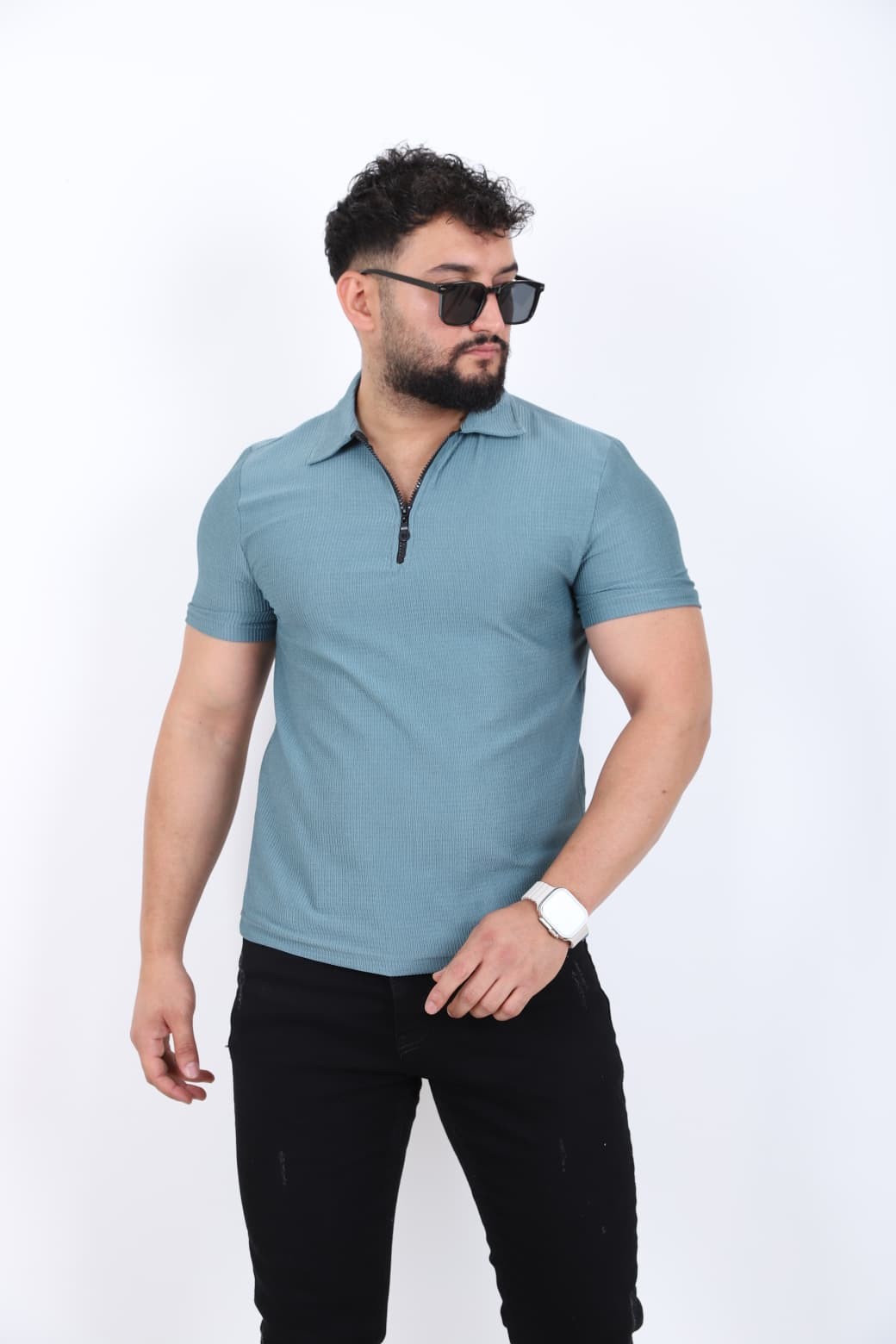 Fermuar Detaylı Polo Yaka T-shirt - Koyu Turkuaz