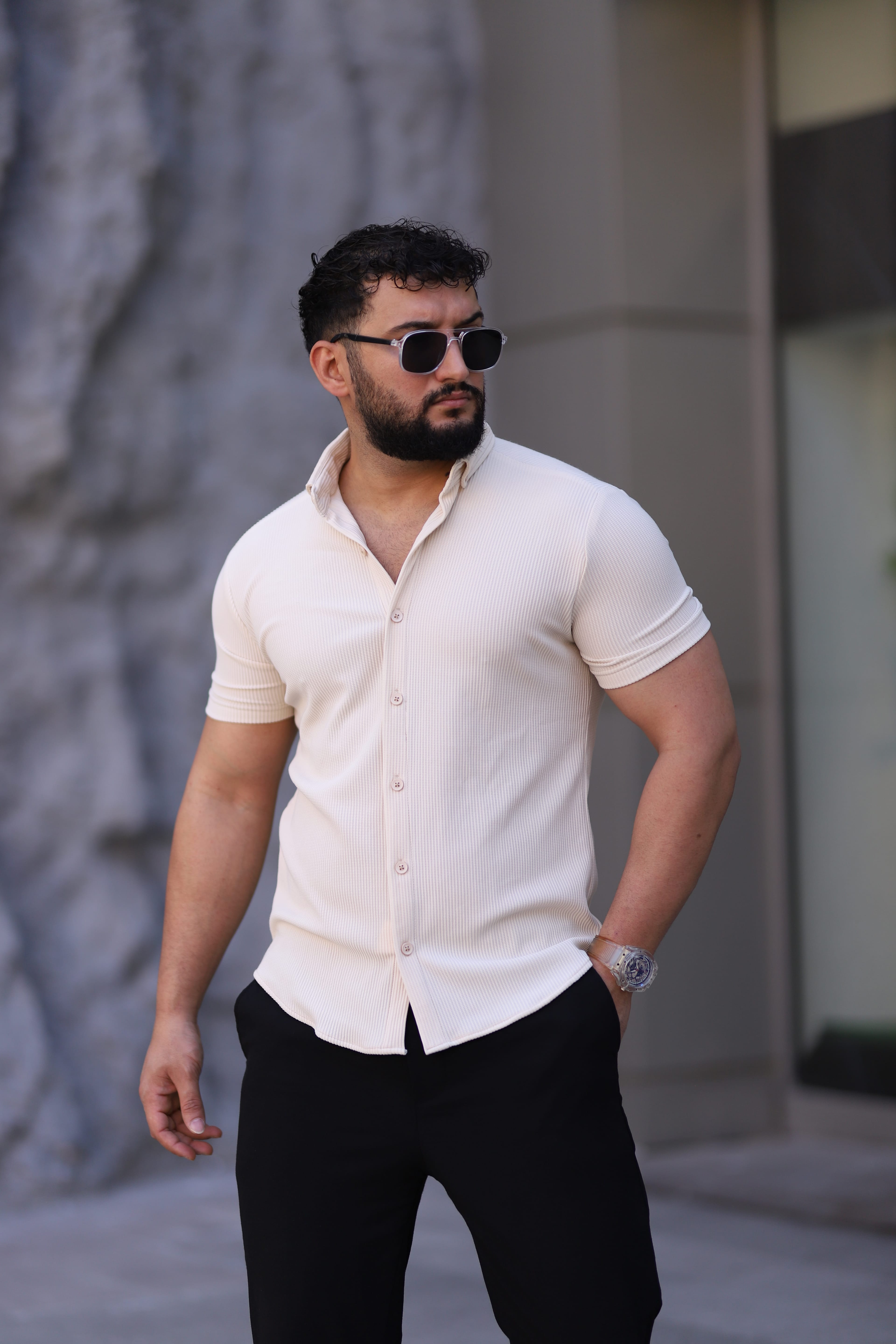 Ottoman Düğmeli Yaka Kısa Kollu Fit Gömlek - Krem