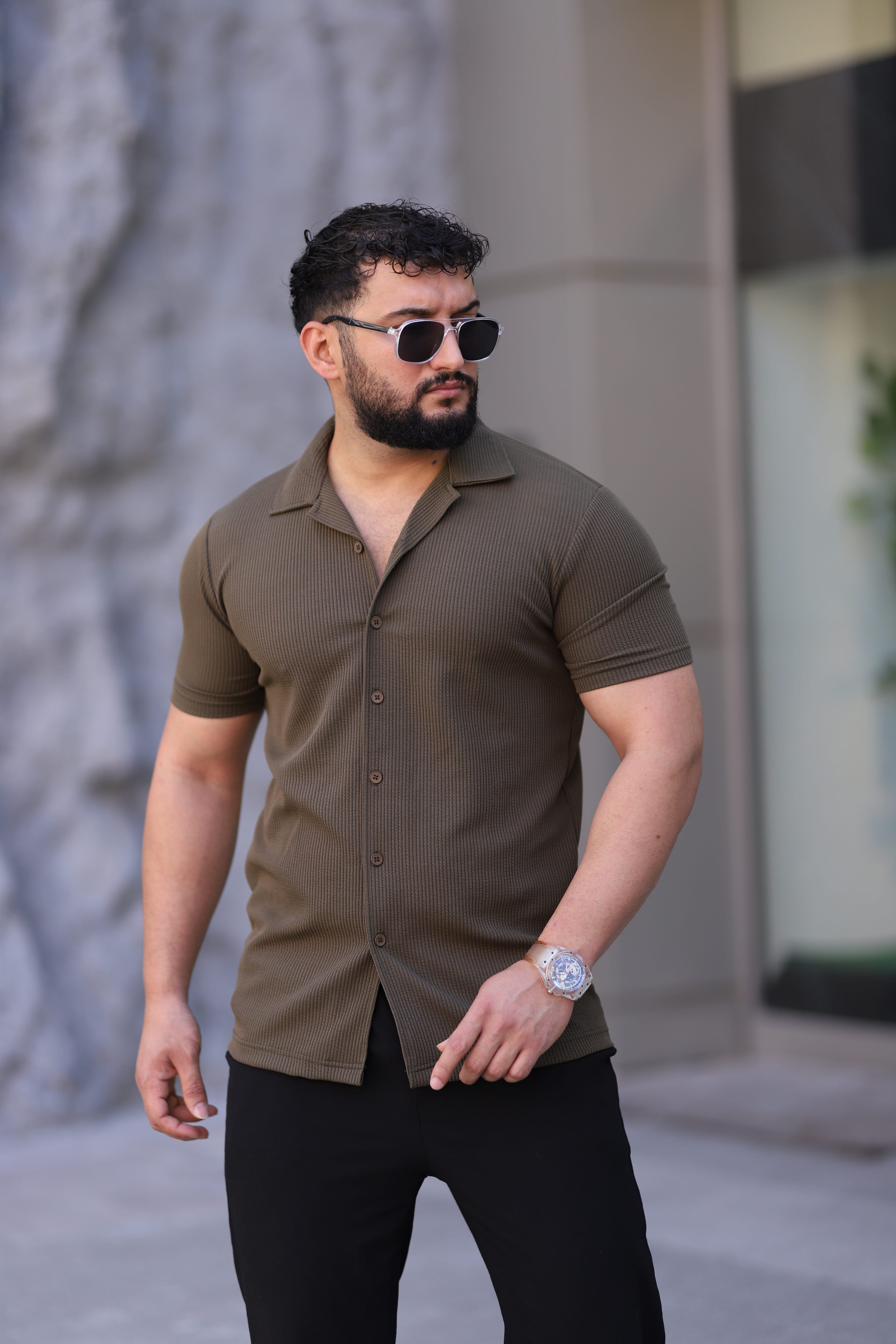 Erkek Fitilli Örme Apaç Yaka Kısa Kol Slim Fit Gömlek - Haki