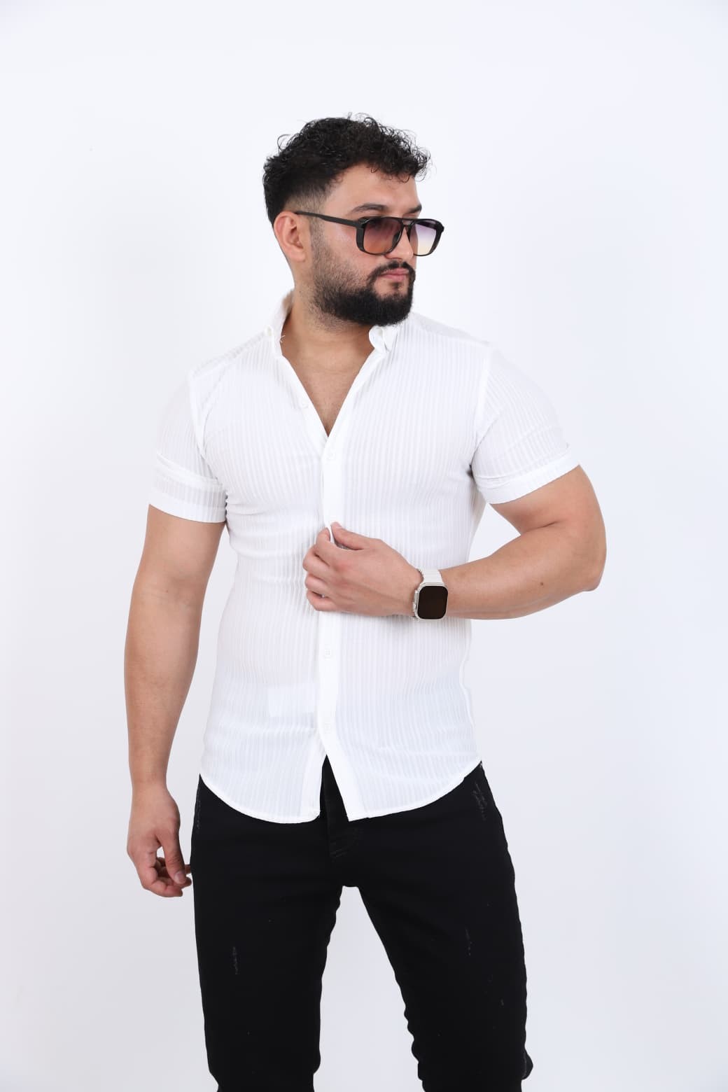 Slim Fit Fitilli Kısa Kol Gömlek - Beyaz