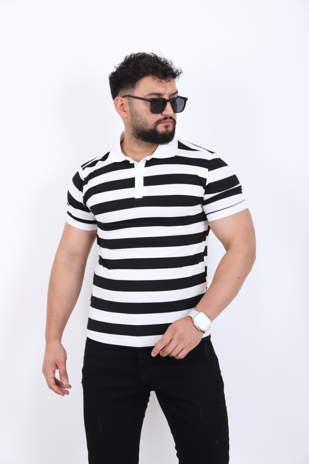 Polo Yaka Kalın Çizgili T-shirt - Siyah
