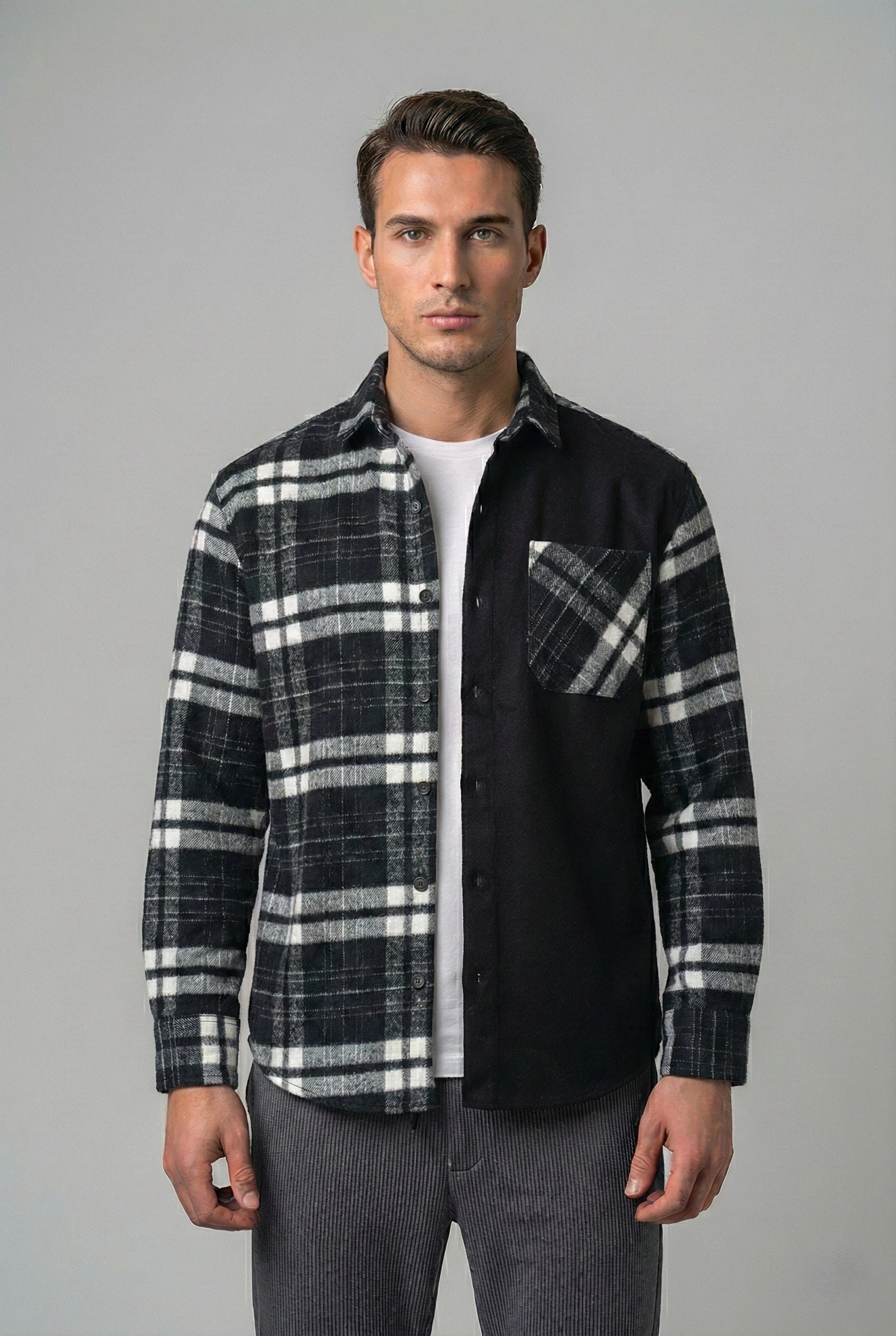 Kontrast Bloklu Regular Fit Ekose Oduncu Gömlek - Siyah