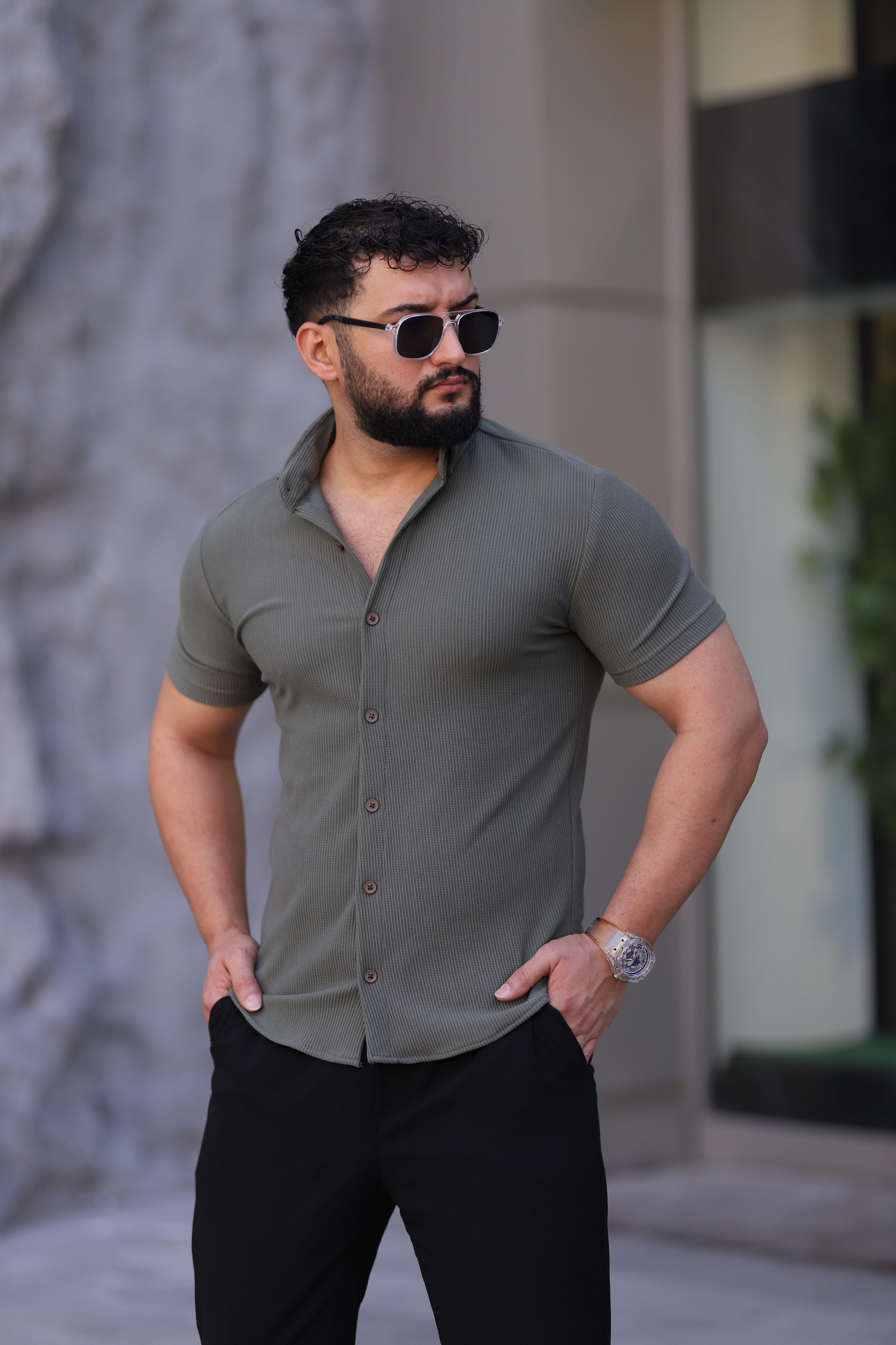 Ottoman Düğmeli Yaka Kısa Kollu Fit Gömlek - Haki