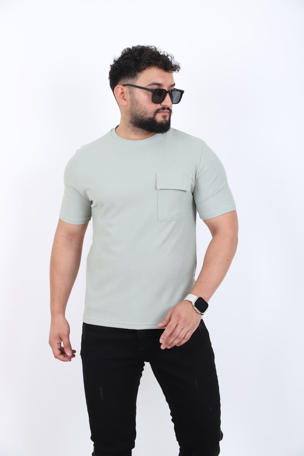 Cep Detaylı Bisiklet Yaka T-shirt - Su Yeşili
