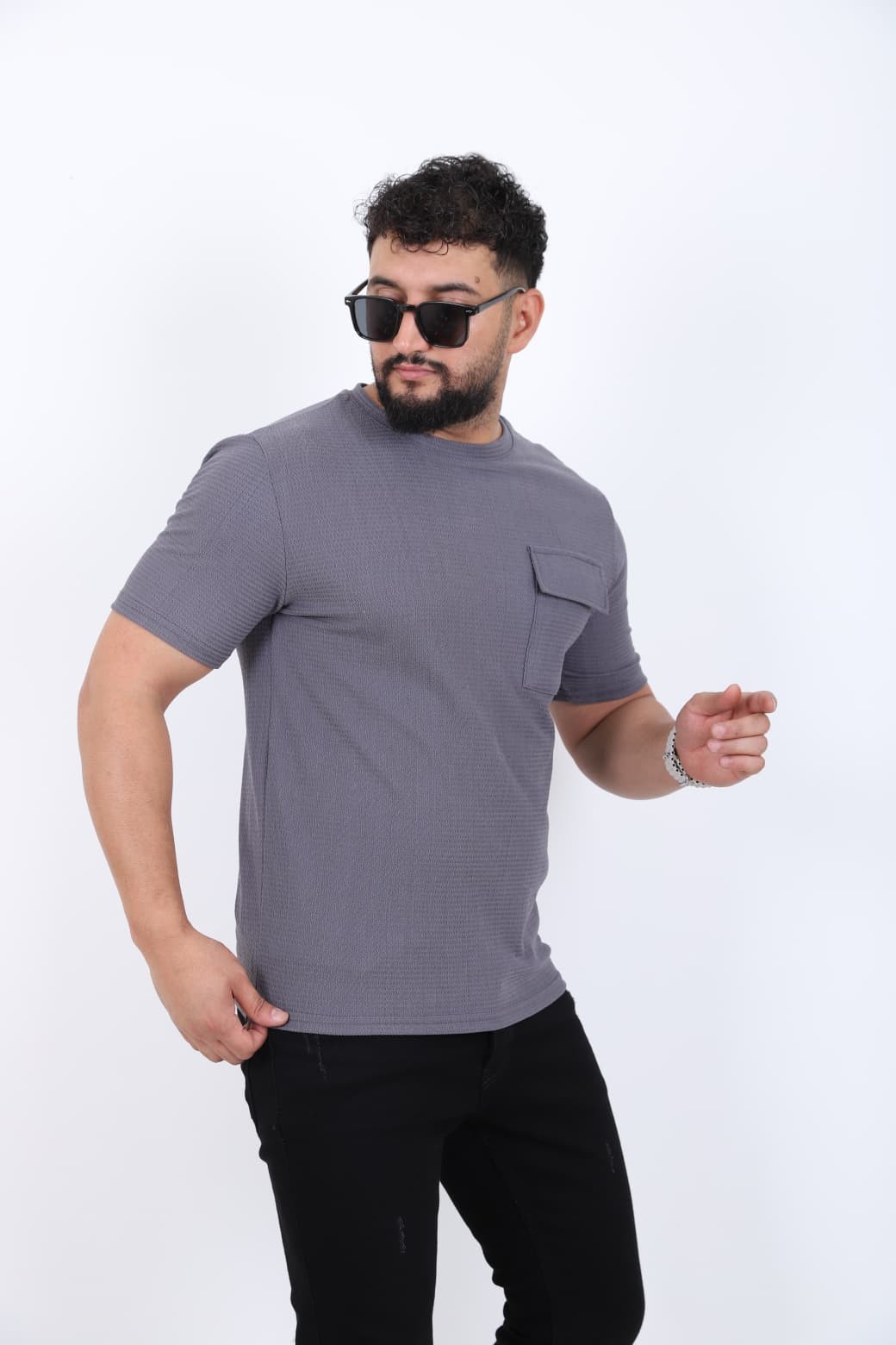 Cep Detaylı Bisiklet Yaka T-shirt - Koyu Gri