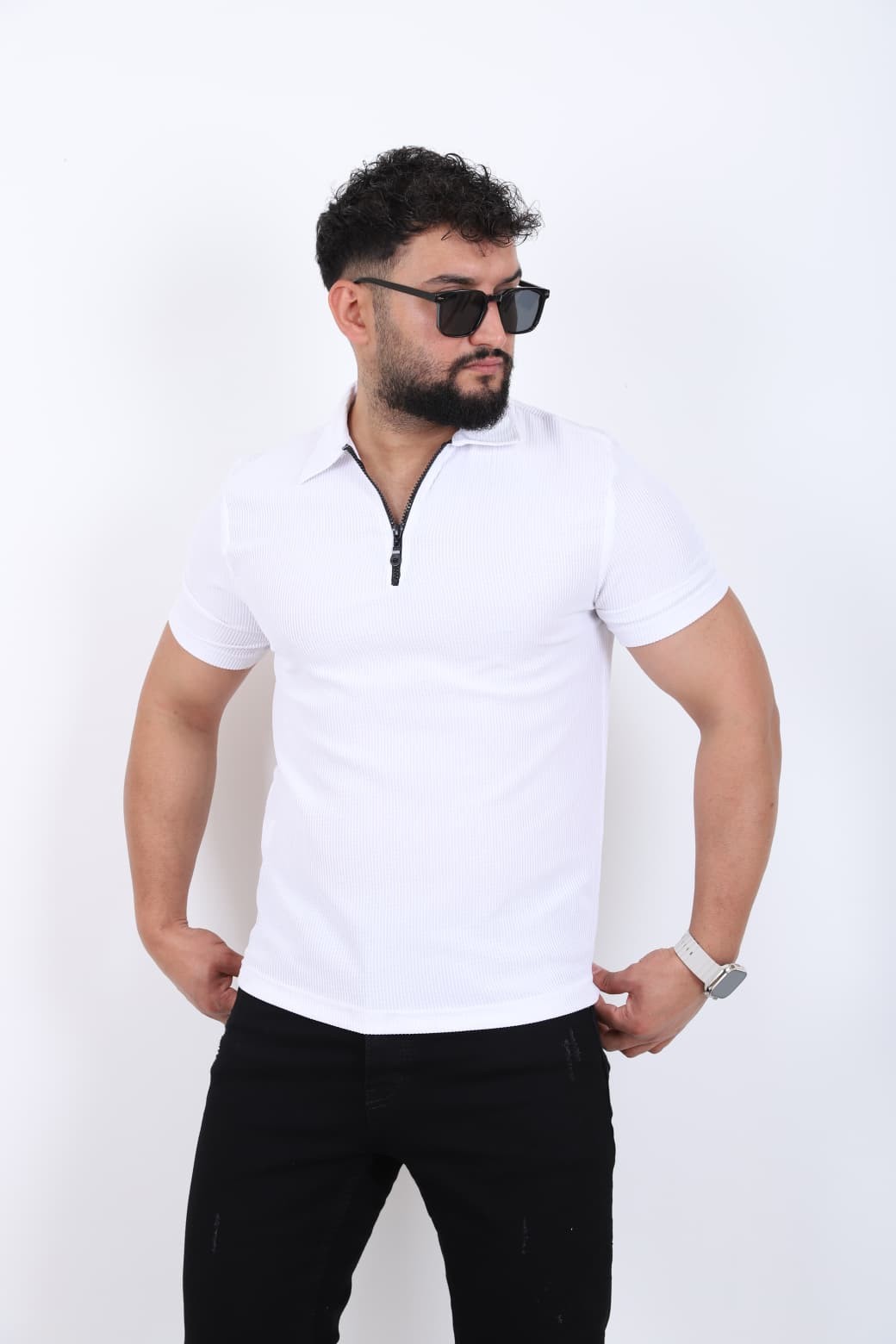 Fermuar Detaylı Polo Yaka T-shirt - Beyaz