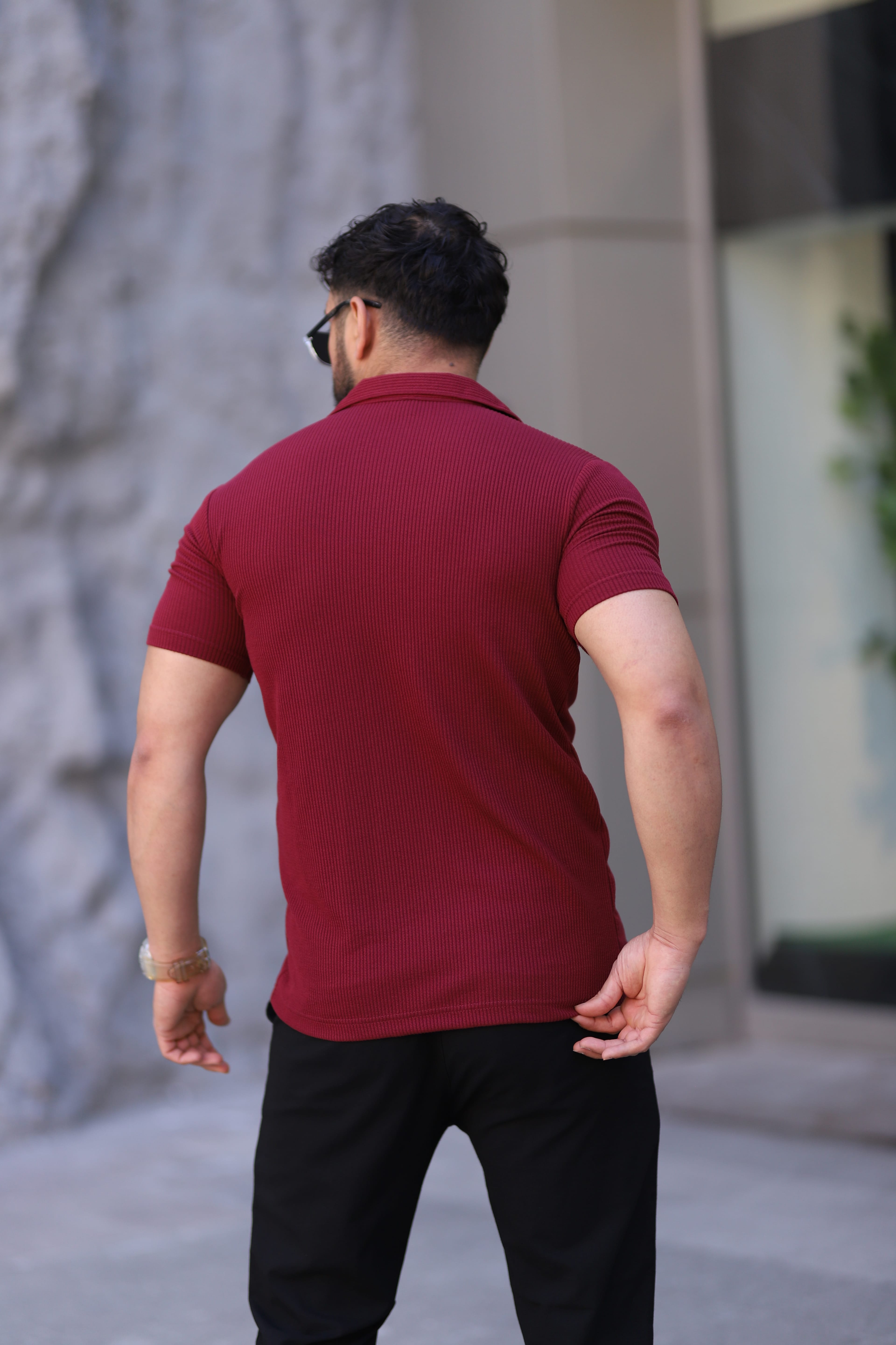 Erkek Fitilli Örme Apaç Yaka Kısa Kol Slim Fit Gömlek