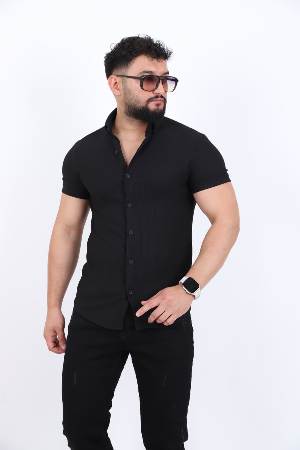 Ottoman Düğmeli Yaka Kısa Kollu Fit Gömlek - Siyah