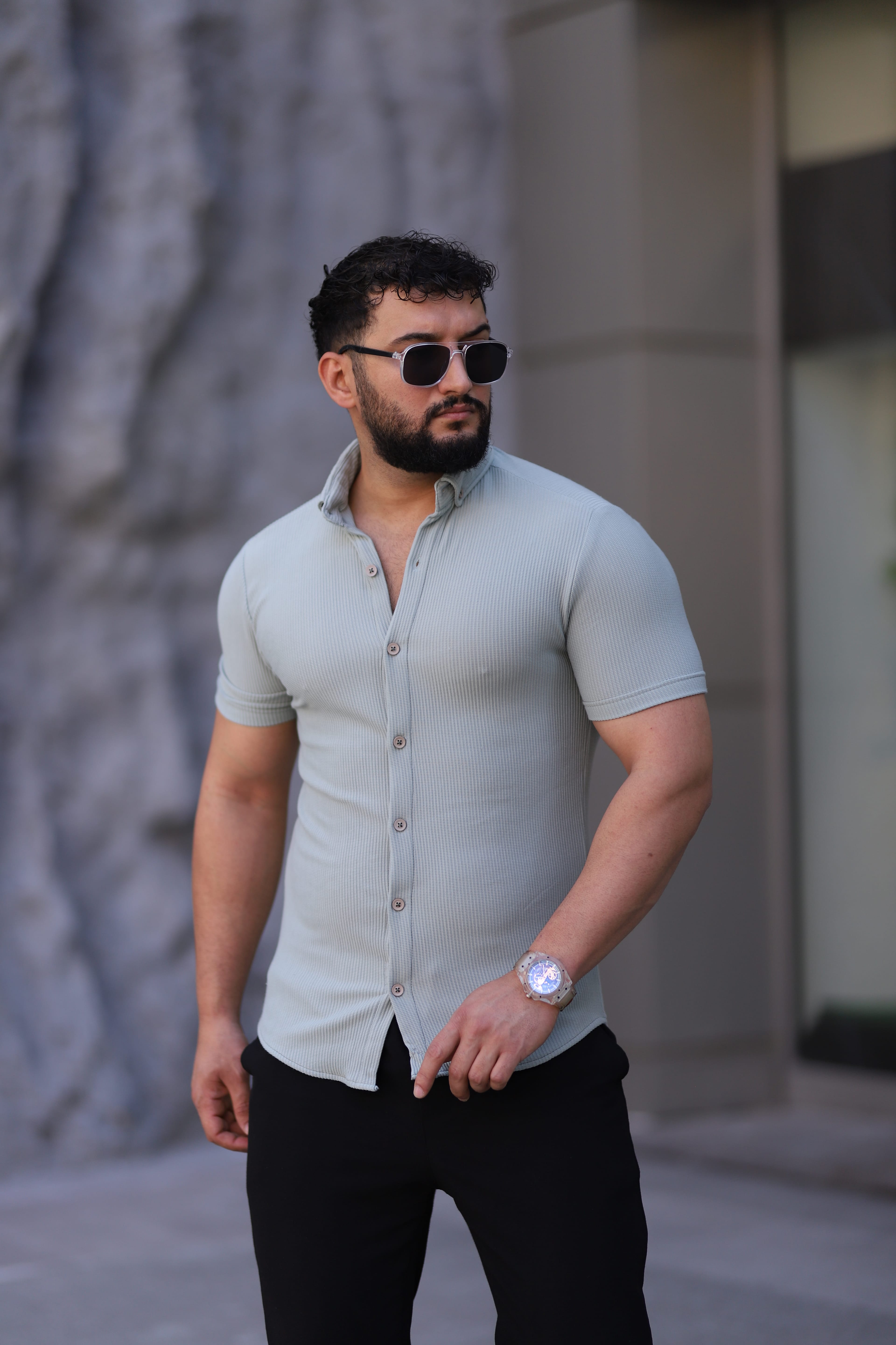 Ottoman Düğmeli Yaka Kısa Kollu Fit Gömlek - Çağla