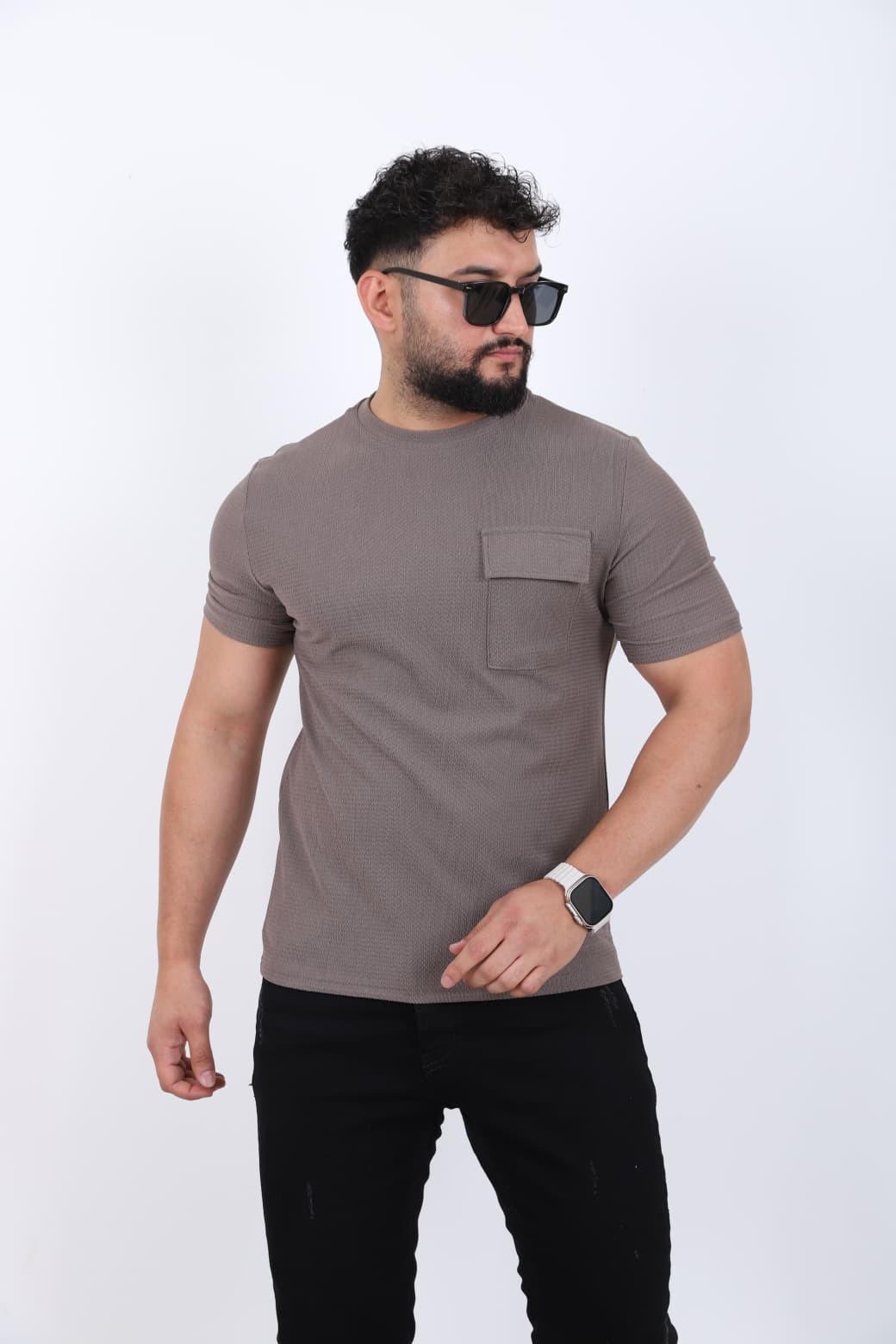Cep Detaylı Bisiklet Yaka T-shirt - Vizon
