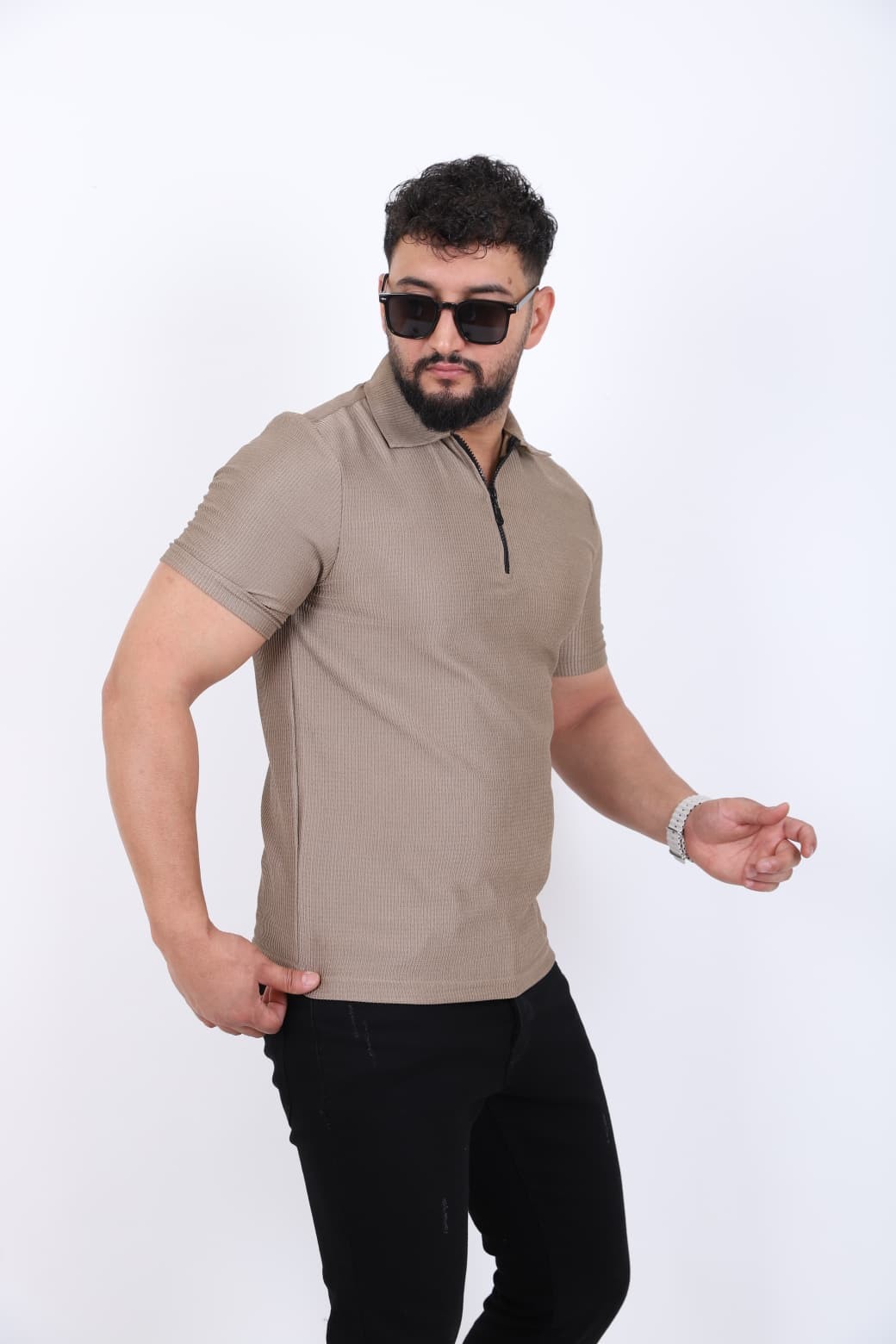 Fermuar Detaylı Polo Yaka T-shirt - Vizon