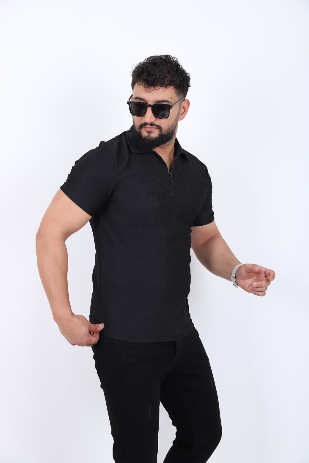 Fermuar Detaylı Polo Yaka T-shirt - Siyah