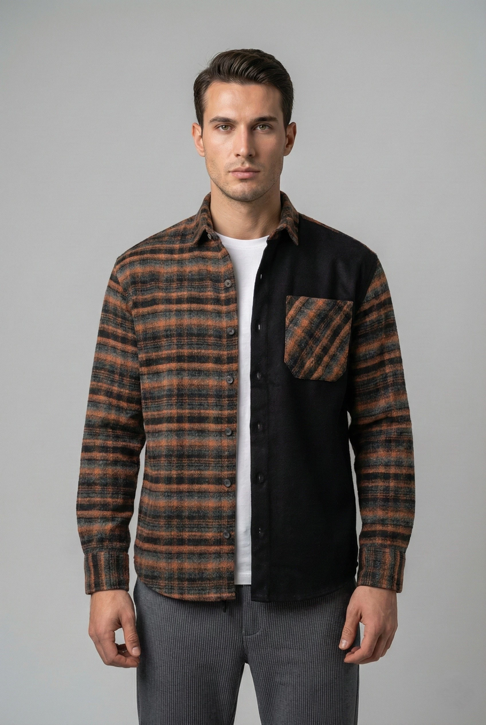 Kontrast Bloklu Regular Fit Ekose Oduncu Gömlek - Turuncu