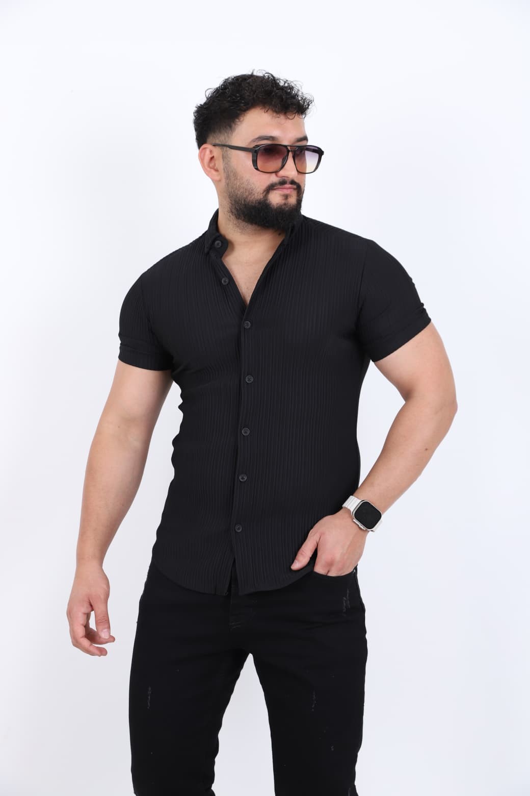 Slim Fit Fitilli Kısa Kol Gömlek - Siyah