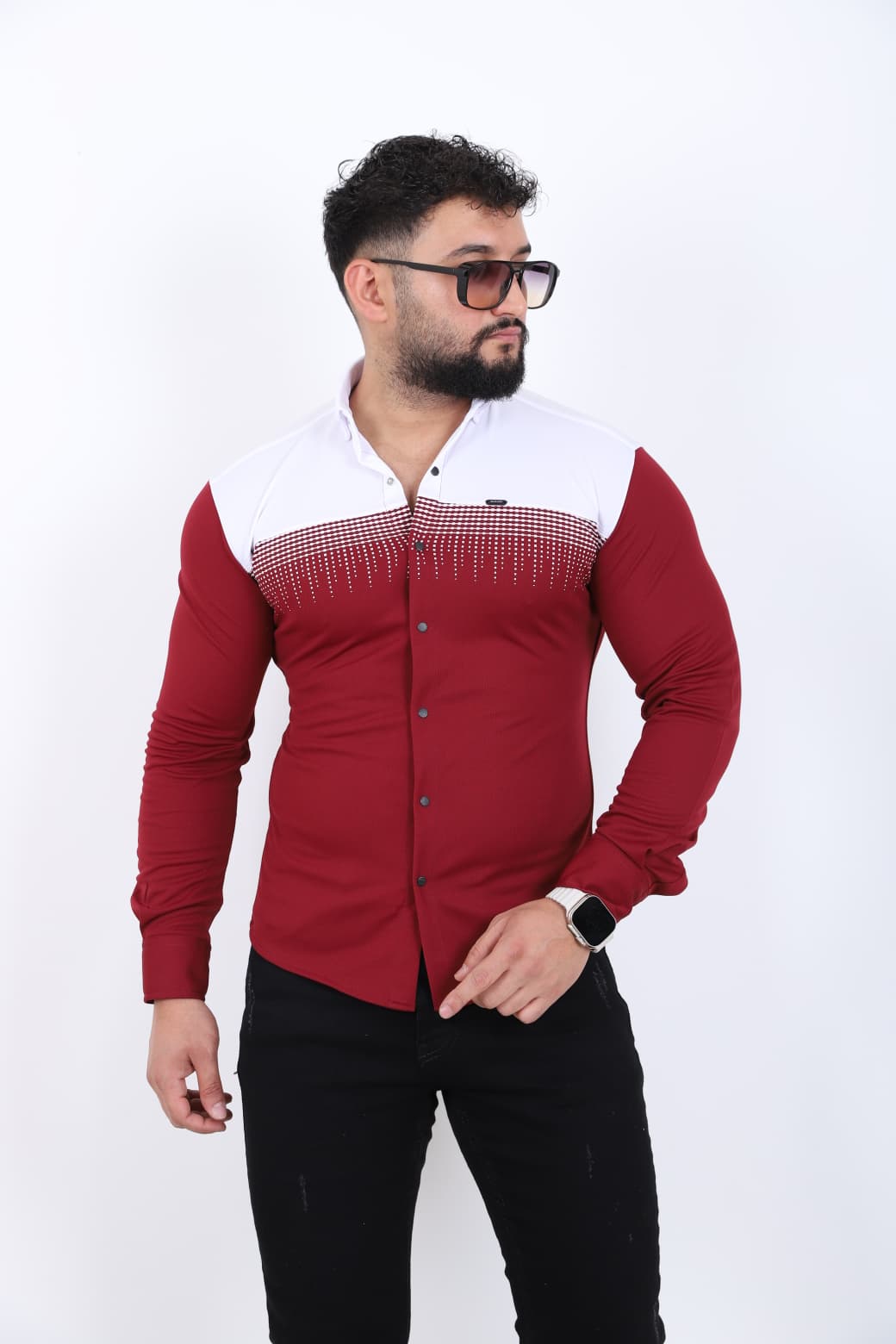 Çift Renk Slim Fit Gömlek - Bordo