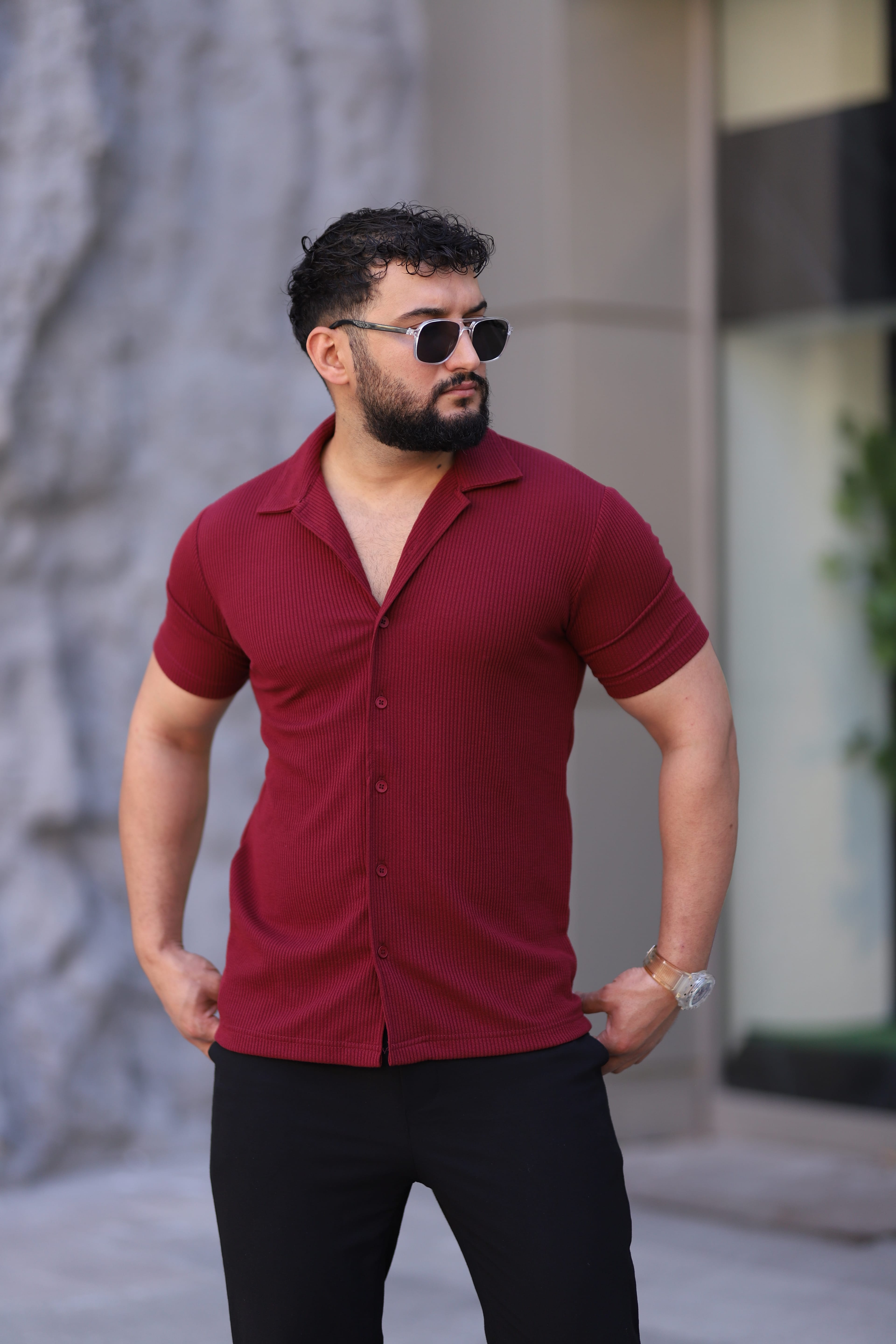 Erkek Fitilli Örme Apaç Yaka Kısa Kol Slim Fit Gömlek - Bordo