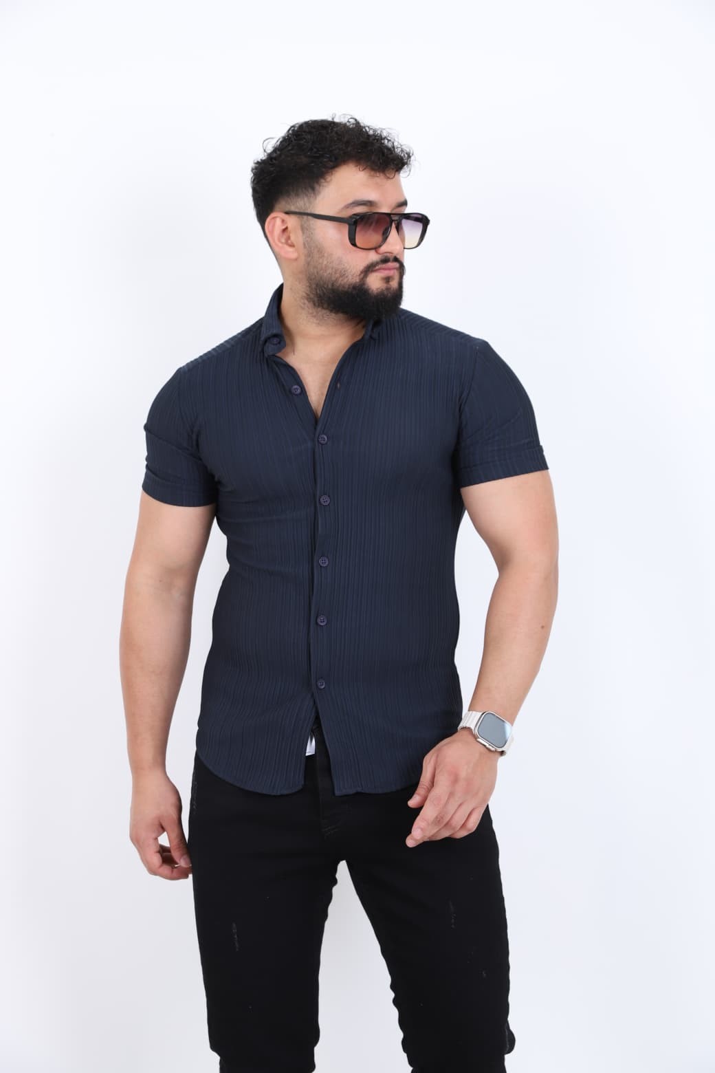 Slim Fit Fitilli Kısa Kol Gömlek - Lacivert