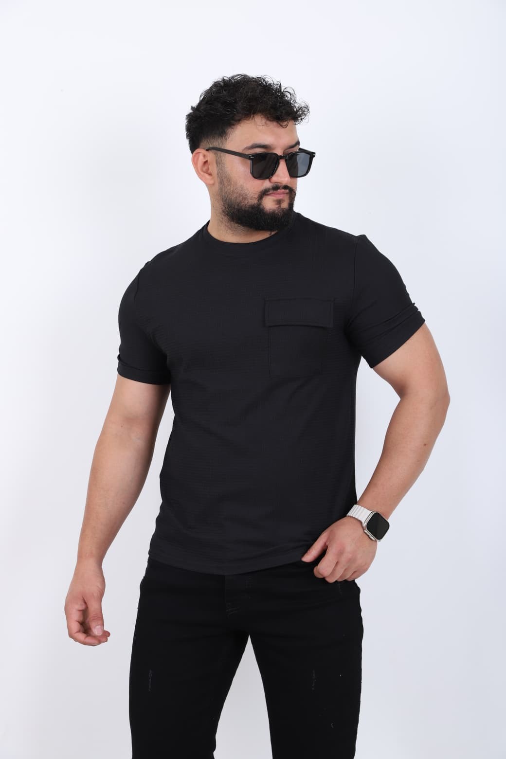 Cep Detaylı Bisiklet Yaka T-shirt - Siyah
