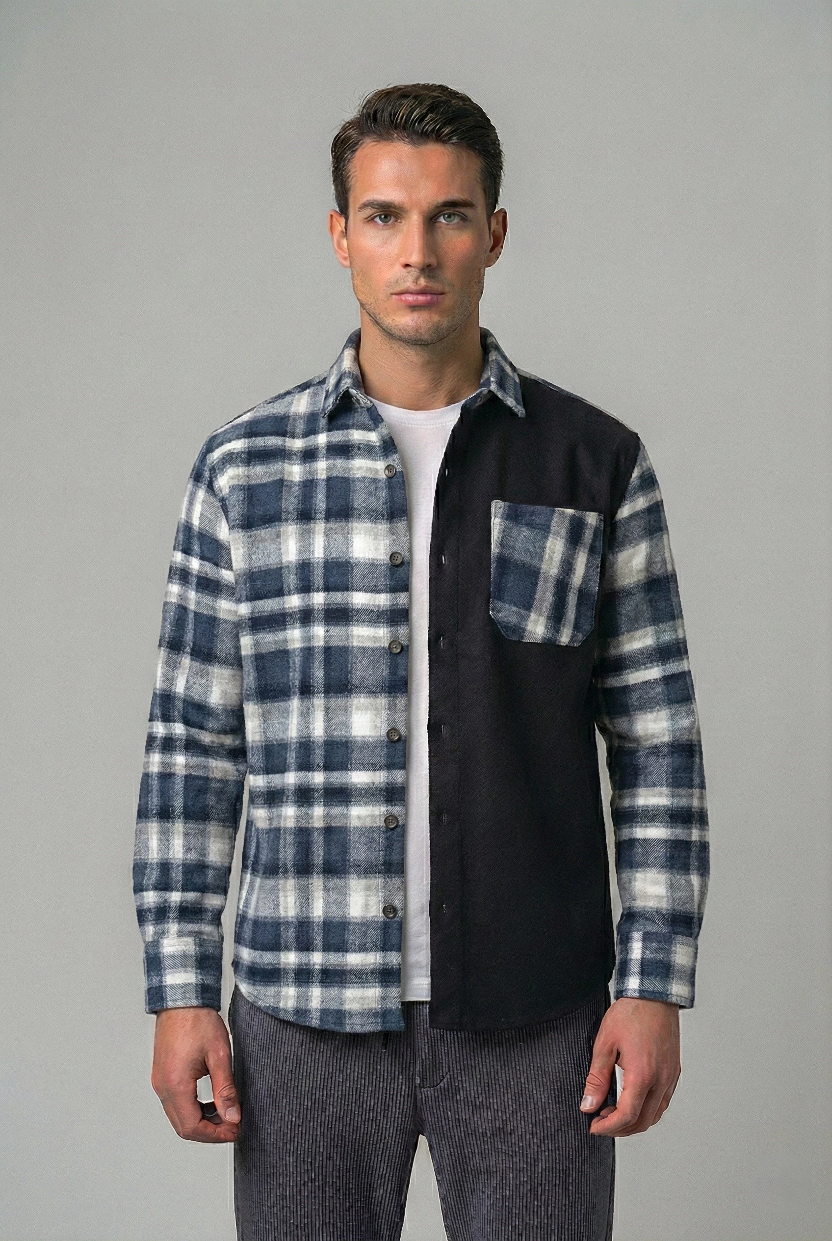 Kontrast Bloklu Regular Fit Ekose Oduncu Gömlek - Lacivert