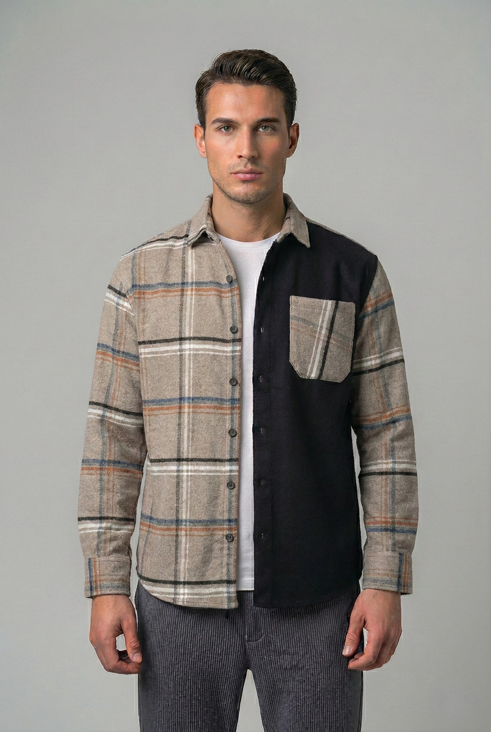 Kontrast Bloklu Regular Fit Ekose Oduncu Gömlek - Bej