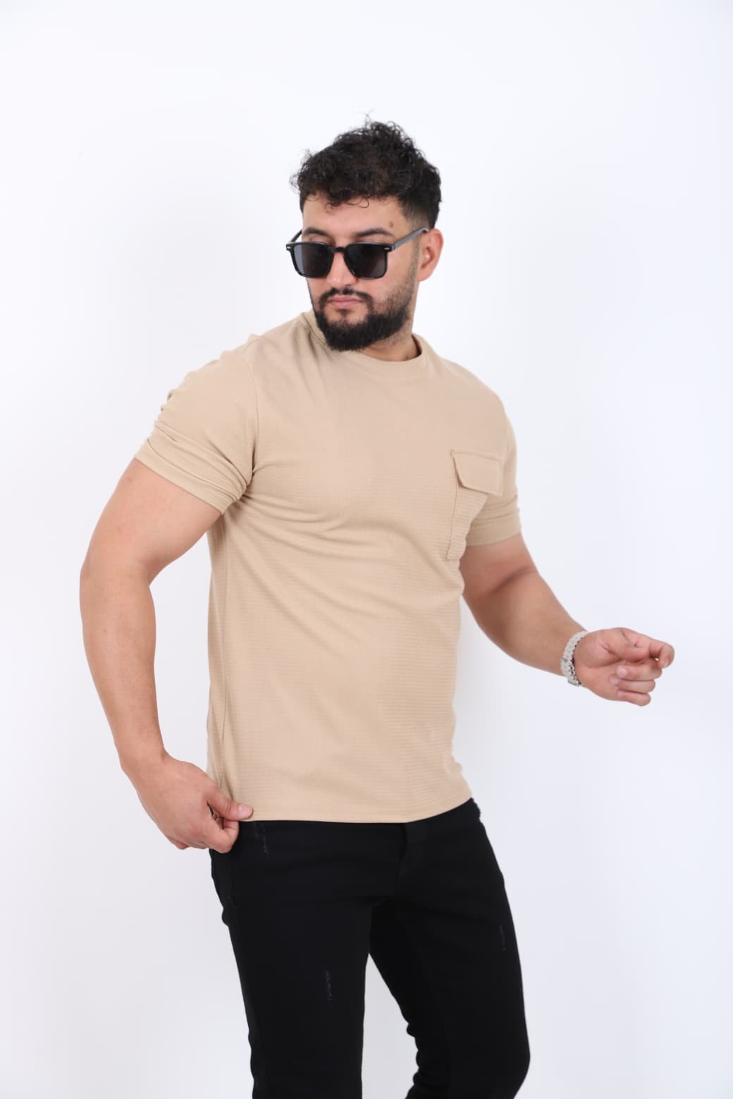 Cep Detaylı Bisiklet Yaka T-shirt - Krem