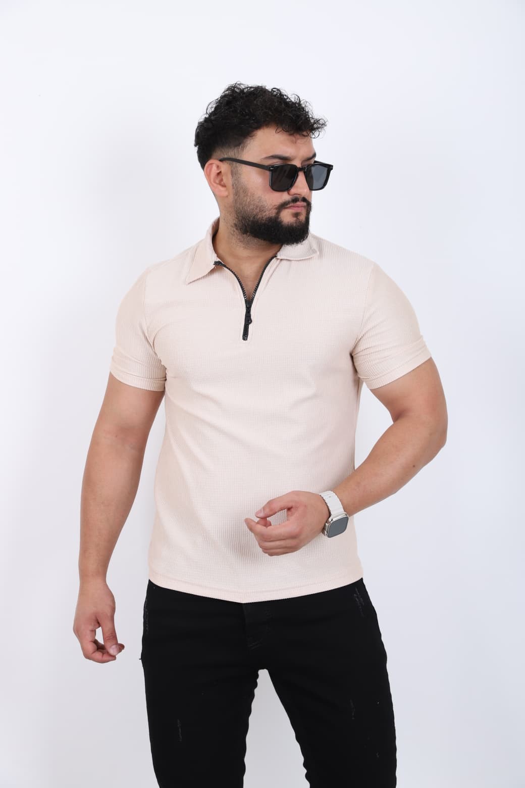 Fermuar Detaylı Polo Yaka T-shirt - Krem