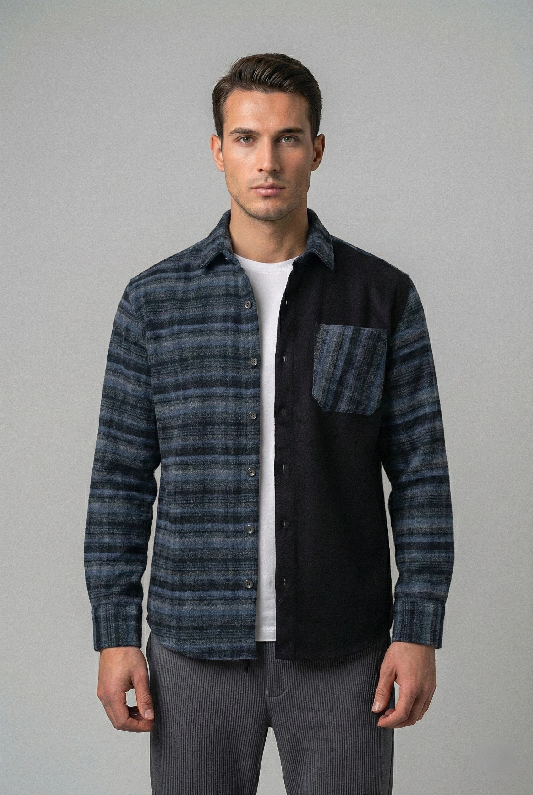 Kontrast Bloklu Regular Fit Ekose Oduncu Gömlek - Koyu Mavi