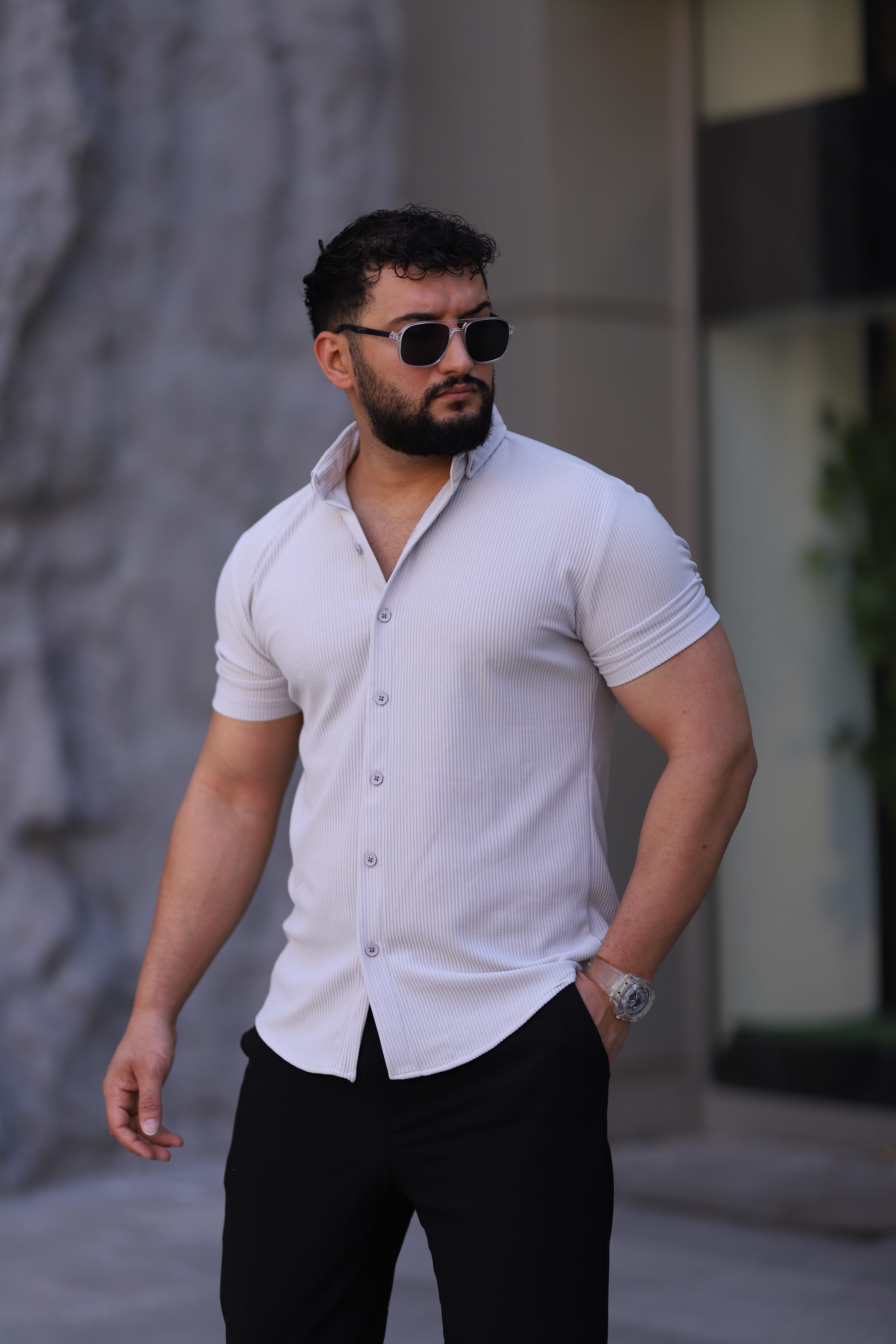 Ottoman Düğmeli Yaka Kısa Kollu Fit Gömlek - Açık Gri