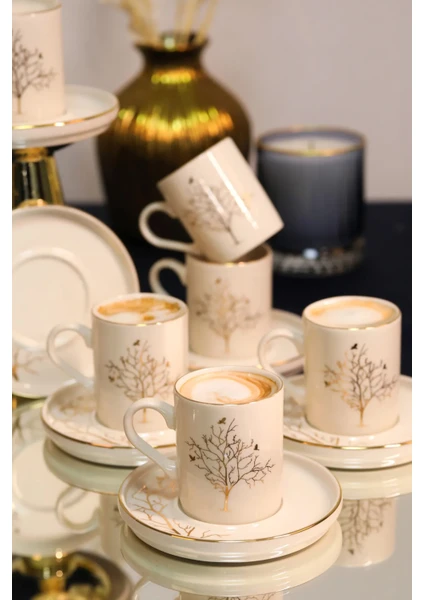 FARİKA GERÇEK ALTIN YALDIZ HAYAT AĞACI PORSELEN   6 KİŞİLİK FİNCAN TAKIMI