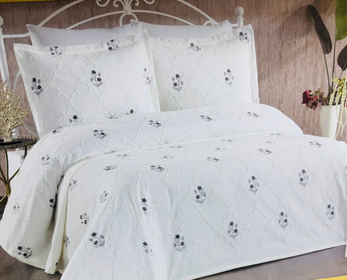 GOLDEN HOME OYA MODEL ÇİFT KİŞİLİK YASTIKLI NAKIŞLI PİKE GRİ