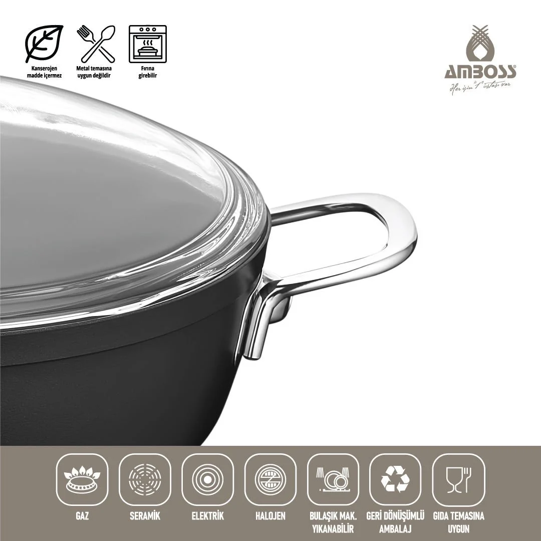 Amboss Dark Derin Tencere  Cam Kapaklı Yanmaz Yapışmaz Titanyum Kaplama   - 26 cm