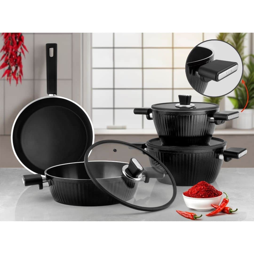 Lines 7 Parça Siyah BioSeramik Kristal Tencere Seti İndüksiyon Taban