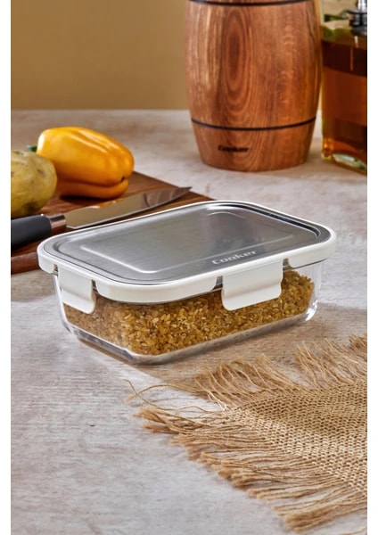 Cooker 1000 ml Cam Saklama Kabı KREM – Paslanmaz Çelik Kapaklı, Hava Geçirmez, Mikrodalga ve Buzdolabı Uyumlu
