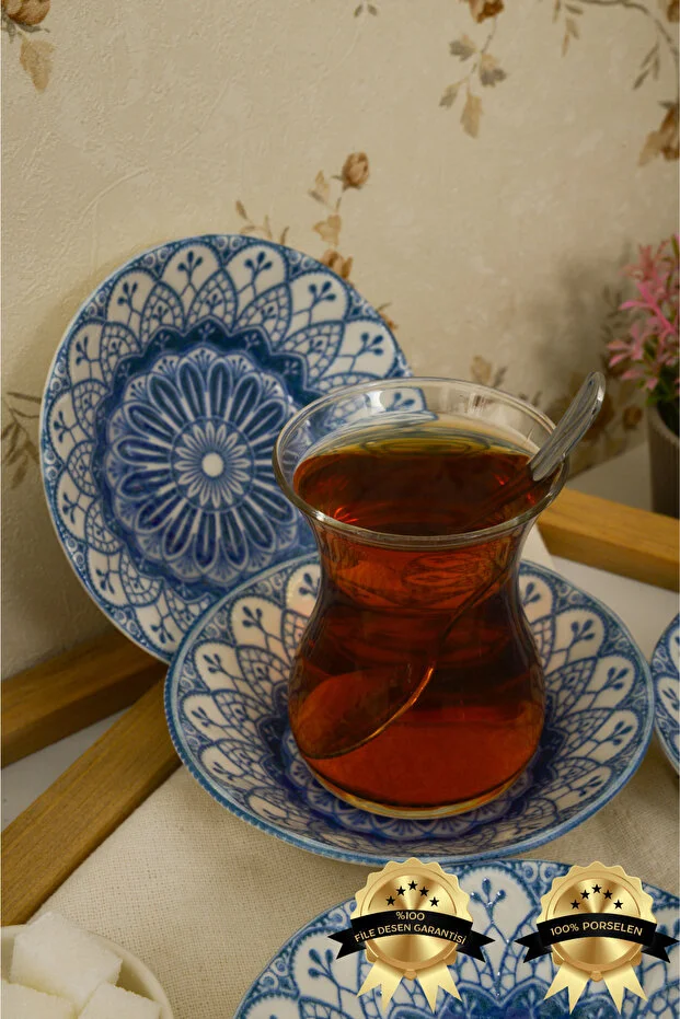 FARİKA 6 ADET MAVİ DESENLİ ÇAY TABAĞI PORSELEN 11 CM