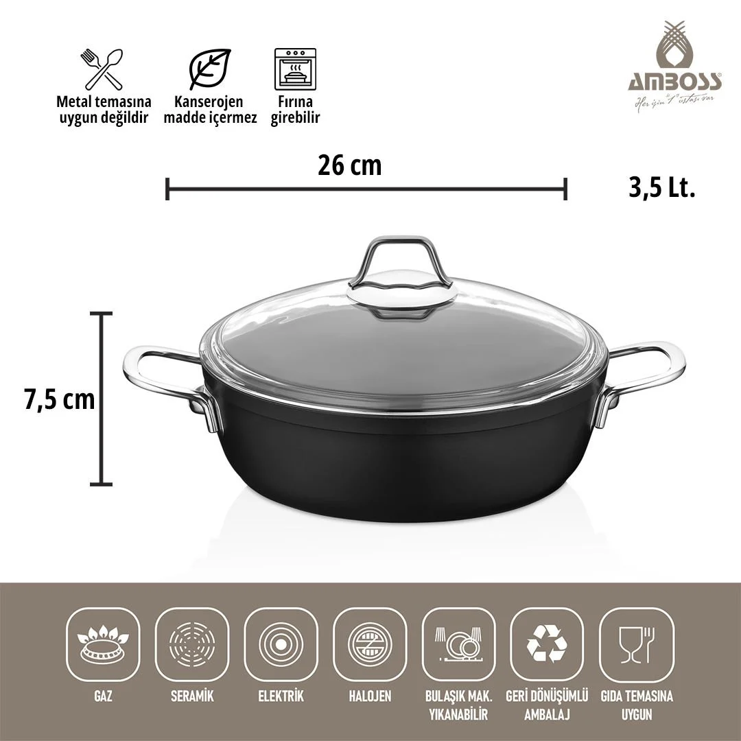 Amboss Dark Basık Tencere  Cam Kapaklı Yanmaz Yapışmaz Titanyum Kaplama   - 26 cm