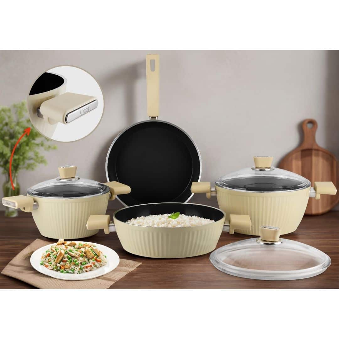 Lines 7 Parça Krem BioSeramik Kristal Tencere Seti İndüksiyon Taban
