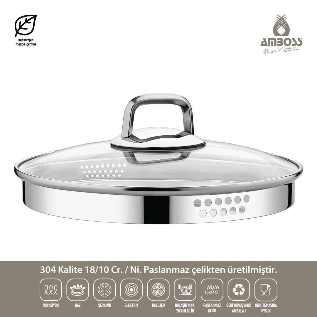 Amboss Diamond Strainer Paslanmaz Çelik Çelik Kuplu Tencere Seti 8 Parça Cam Kapaklı