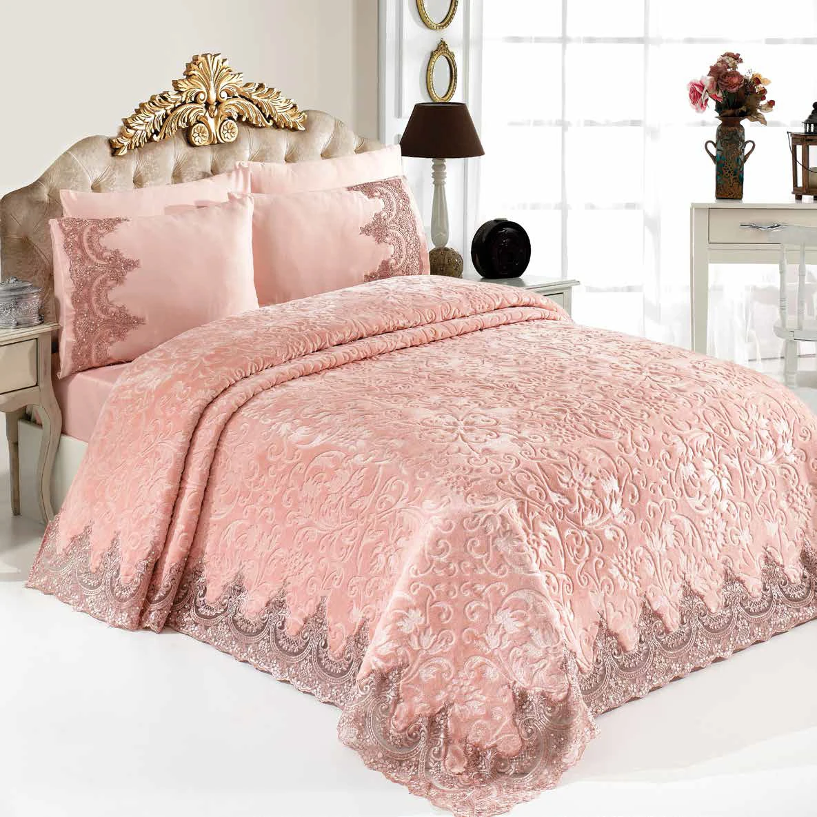 GOLDEN HOME  BANU MODEL 6 PARÇA ÇARŞAFLI YASTIKLI BATTANİYE SETİ PUDRA