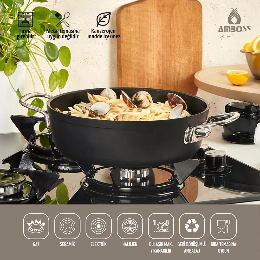 Amboss Dark Basık Tencere  Cam Kapaklı Yanmaz Yapışmaz Titanyum Kaplama   - 30 cm