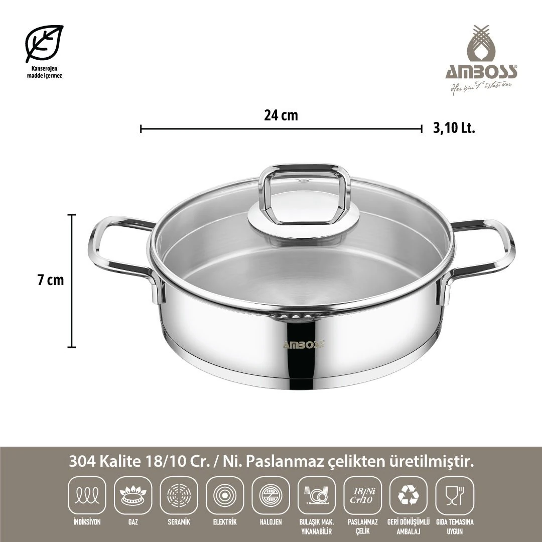 Amboss Diamond Strainer Paslanmaz Çelik Çelik Kuplu Tencere Seti 8 Parça Cam Kapaklı