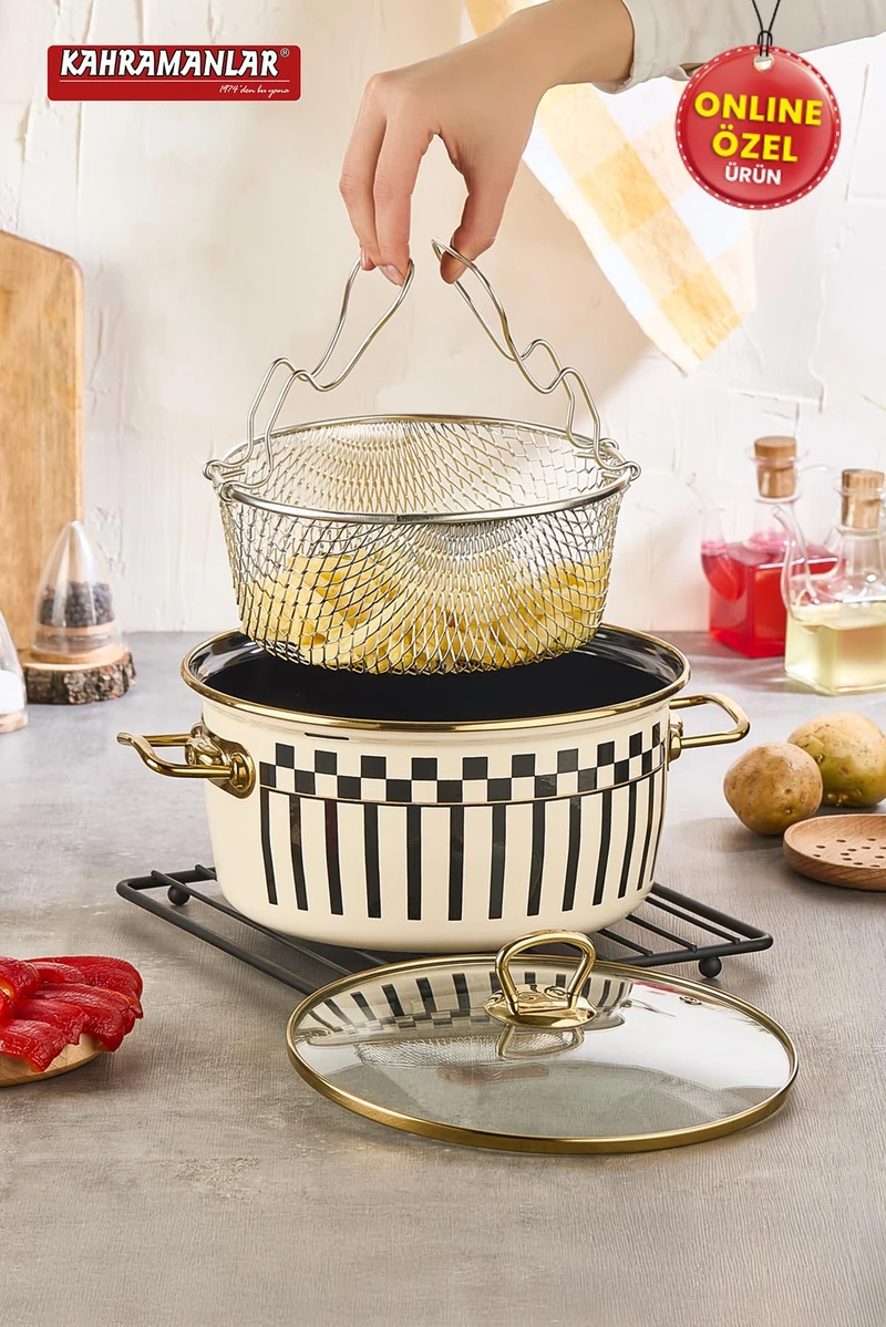 KAHRAMANLAR 22 CM EMAYE FRİTÖZLÜ KIZARTMA TENCERESİ DESENLİ