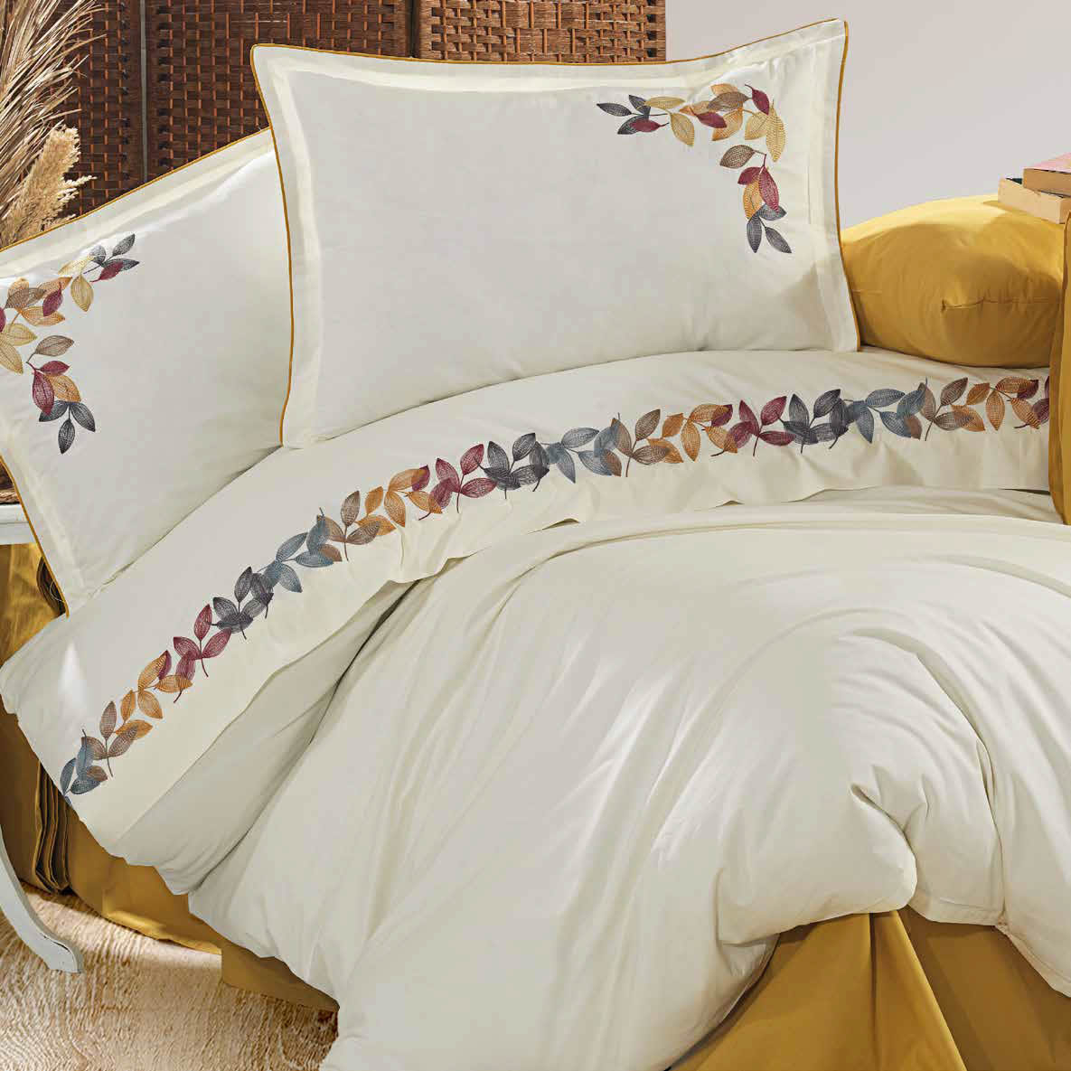 GOLDEN HOME ASOS MODEL ÇİFT KİŞİLİK NAKIŞLI NEVRESİM %100 PAMUK KREM