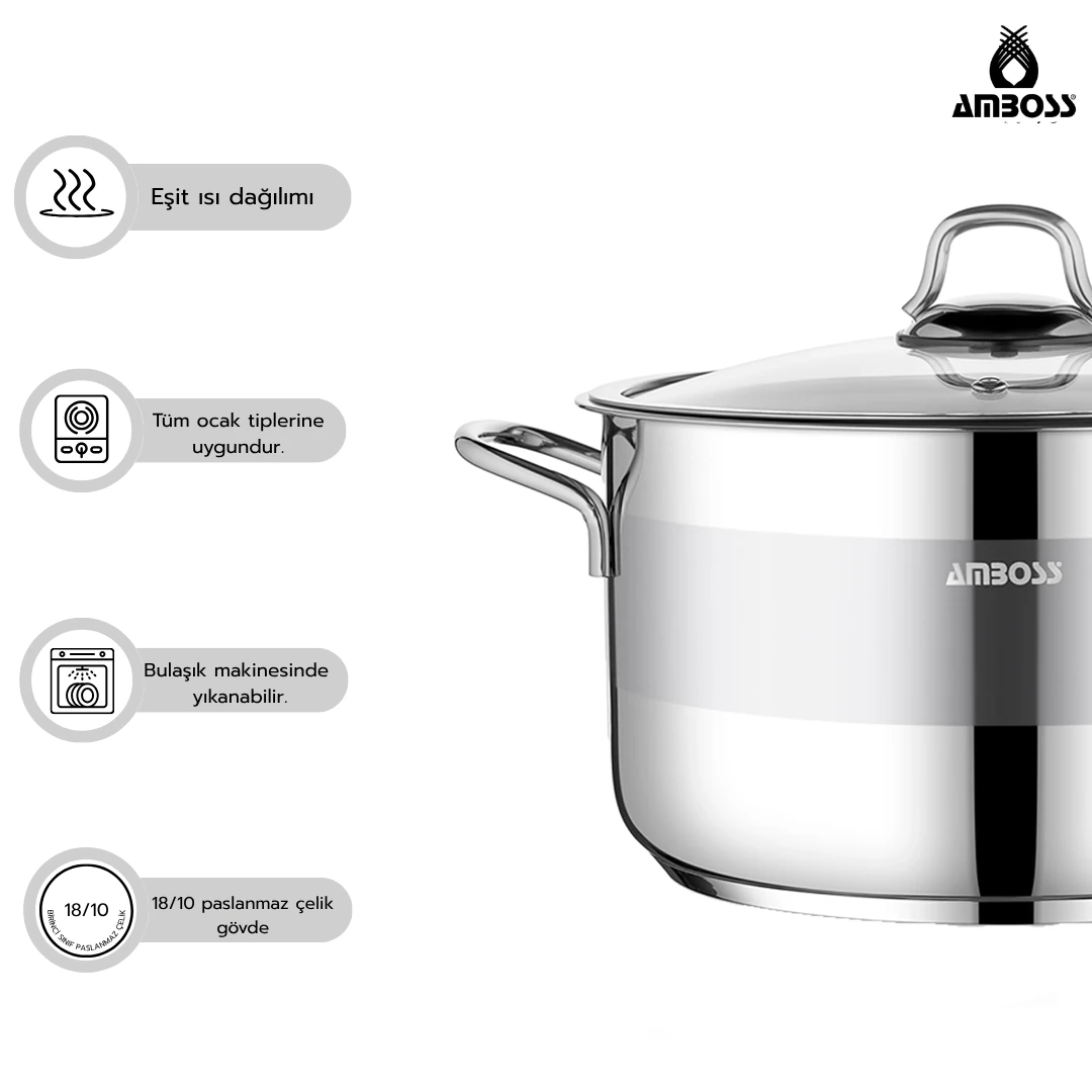 Ambos Saphire Paslanmaz Çelik Cam Kapaklı Derin Tencere - 28 cm