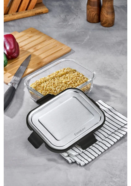 Cooker 370 ml Cam Saklama Kabı SİYAH– Paslanmaz Çelik Kapaklı, Hava Geçirmez, Mikrodalga ve Buzdolabı Uyumlu