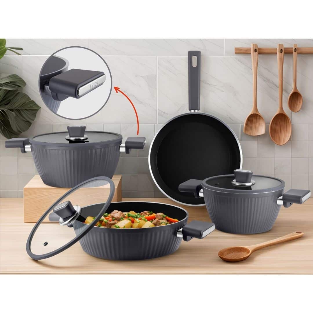 Lines 7 Parça Gri BioSeramik Kristal Tencere Seti İndüksiyon Taban