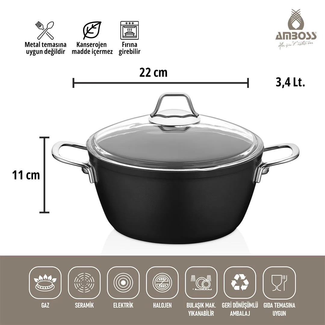 Amboss Dark Derin Tencere  Cam Kapaklı Yanmaz Yapışmaz Titanyum Kaplama   - 22 cm